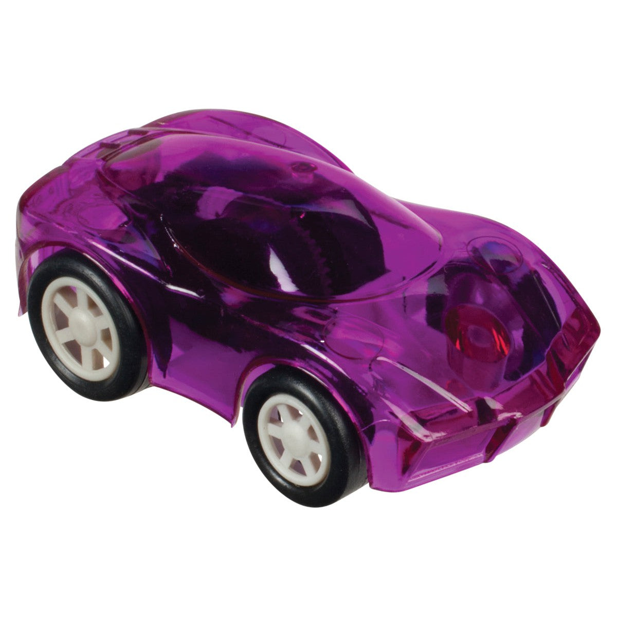 The Toysmith Flash Racers by Toysmith is a small, translucent purple pull-back race car with white wheels, shown from a rear-side angle on a white background.