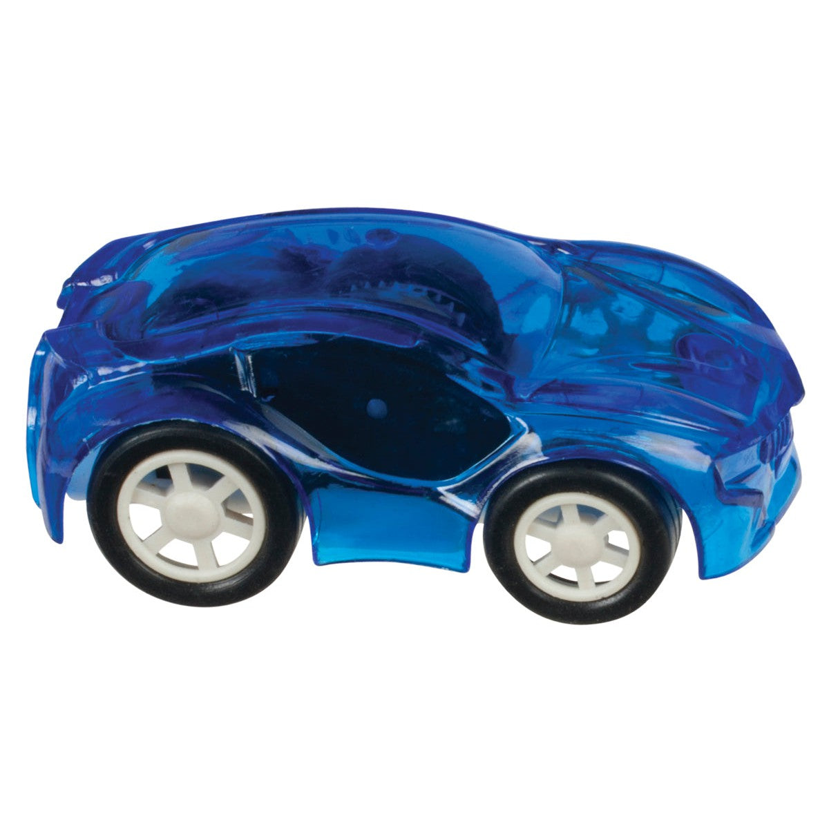 The Toysmith Flash Racers by Toysmith is a small, translucent blue pull-back race car with black and white wheels, shown from the side on a white background.