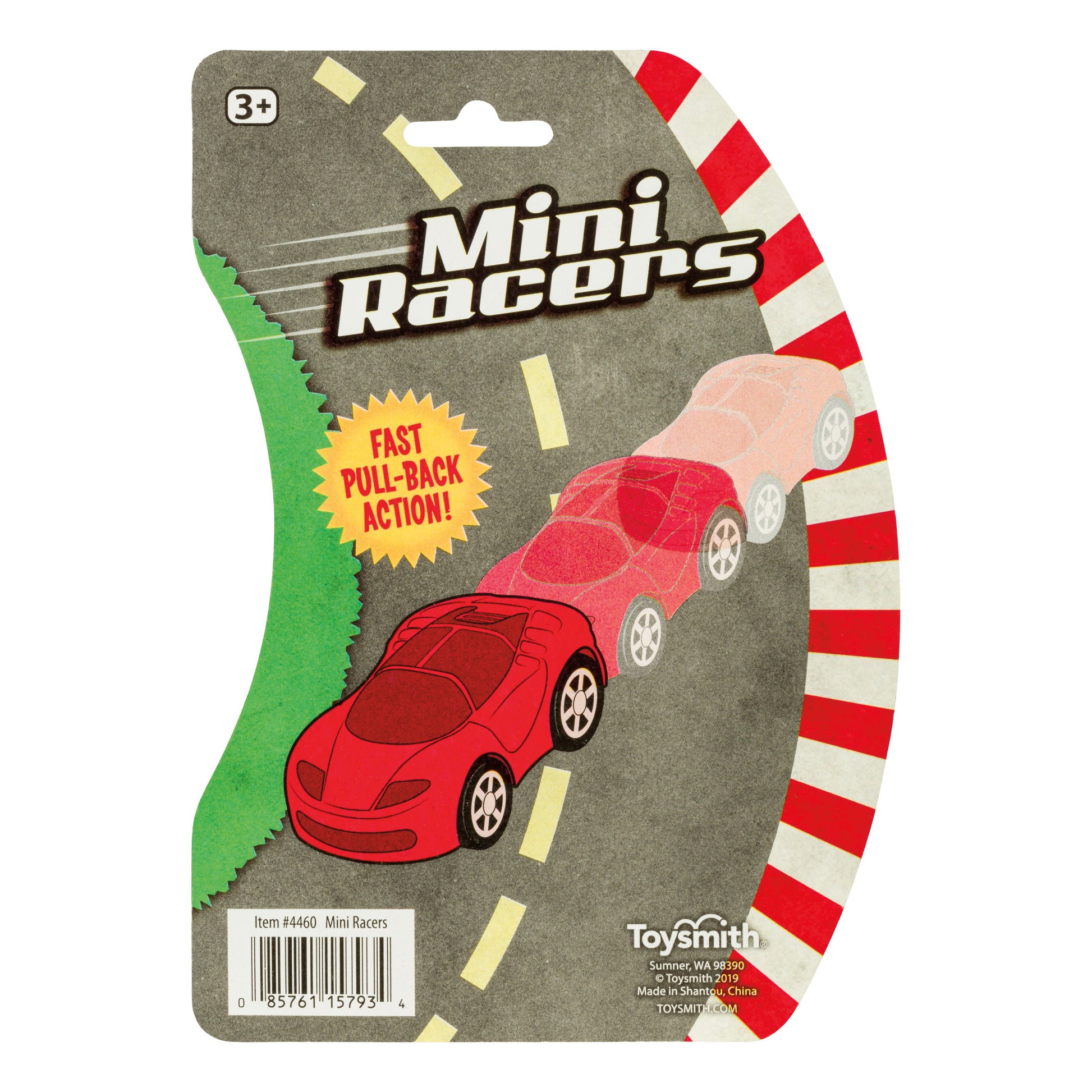 Toysmith Flash Racers packaging features a red toy car on a racetrack with motion effects. Text reads Flash Racers and Fast Pull-Back Action! These pull-back cars are suitable for ages 3 and up.