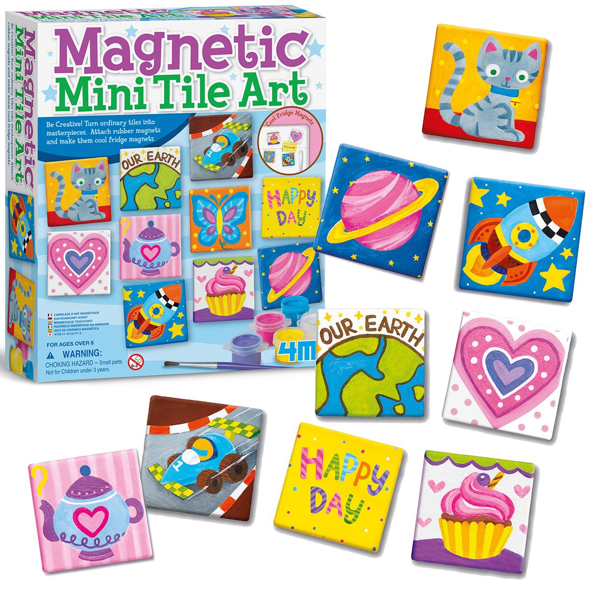 A box of 4M-Craft Magnetic Mini Tile Art is shown with nine colorful tiles featuring designs like a cat, Earth, and planets. This kids' craft set by 4M-Craft lets you easily create your own magnetic fridge art.