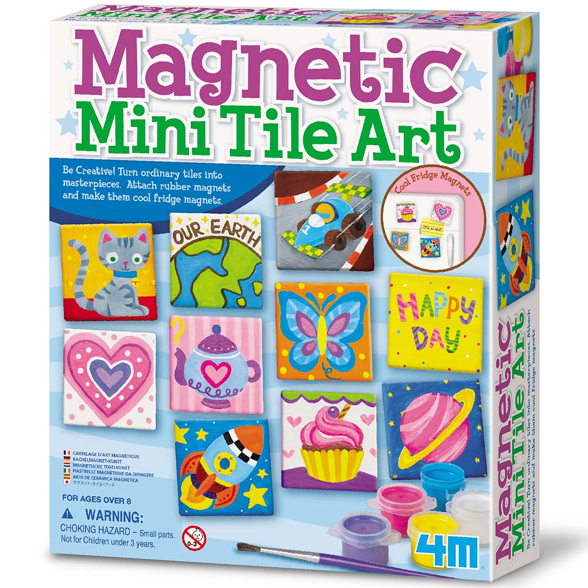 The 4M-Craft Magnetic Mini Tile Art set comes in a colorful box featuring painted tile designs such as a cat, cupcake, and butterfly. This craft kit for ages 8+ includes supplies to create your own magnetic fridge art.