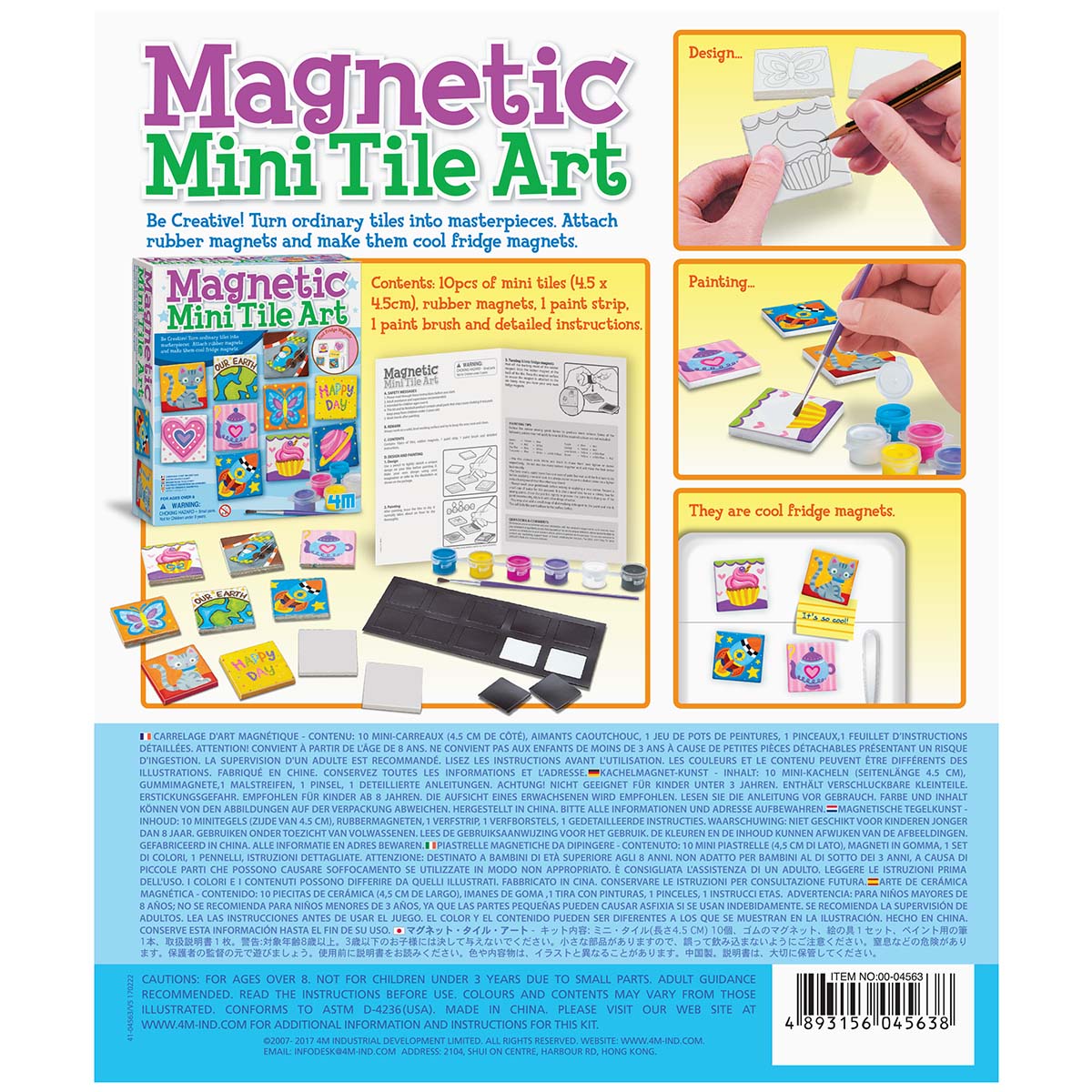 Back of a 4M-Craft Magnetic Mini Tile Art kit box, showing colorful painted tile magnets, step-by-step instructions, creative designs for making magnetic fridge art, plus safety and product info from 4M-Craft.