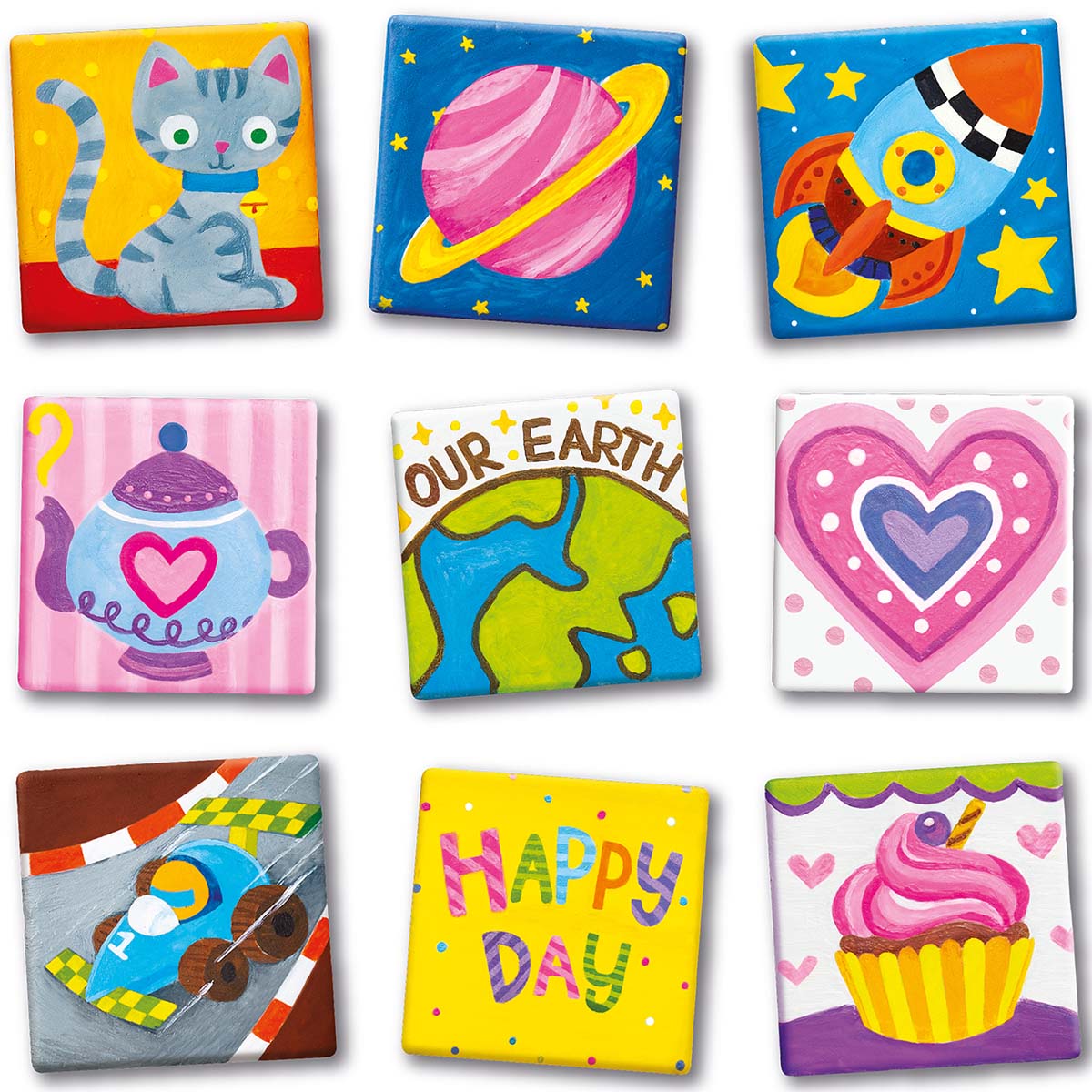 Brighten up your space with the 4M-Craft Magnetic Mini Tile Art kit by 4M-Craft, featuring nine colorful square tiles with playful illustrations like a cat, rocket, cupcake, and more—perfect for creative fridge or locker decor.