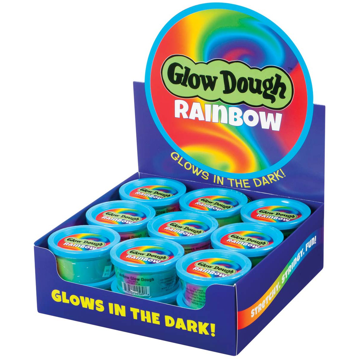 A display box of Glow-Tec Rainbow Glow Dough features vibrant rainbow packaging and multicolored putty. The box reads “Glows in the Dark!” and “Stretchy, strong, fun!” for hours of glowing, stretchy fun.