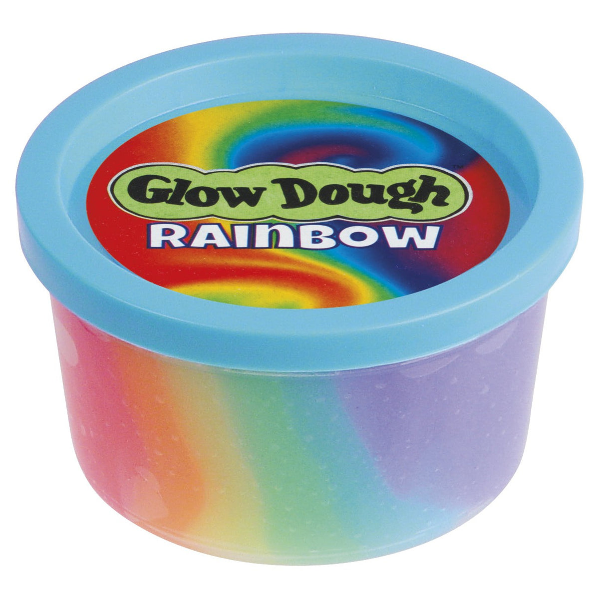 The Glow-Tec Rainbow Glow Dough comes in a round plastic tub with a blue lid featuring a rainbow swirl design. The label reads "Rainbow Glow Dough," and inside are swirls of colorful, multicolored putty.