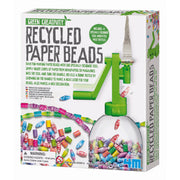 A box labeled 4M-Green Creativity Recycled Paper Beads by 4M-Green Creativity shows colorful paper beads, a green bead-making tool, instructions for making beads, bead images, and a small parts warning on the packaging.