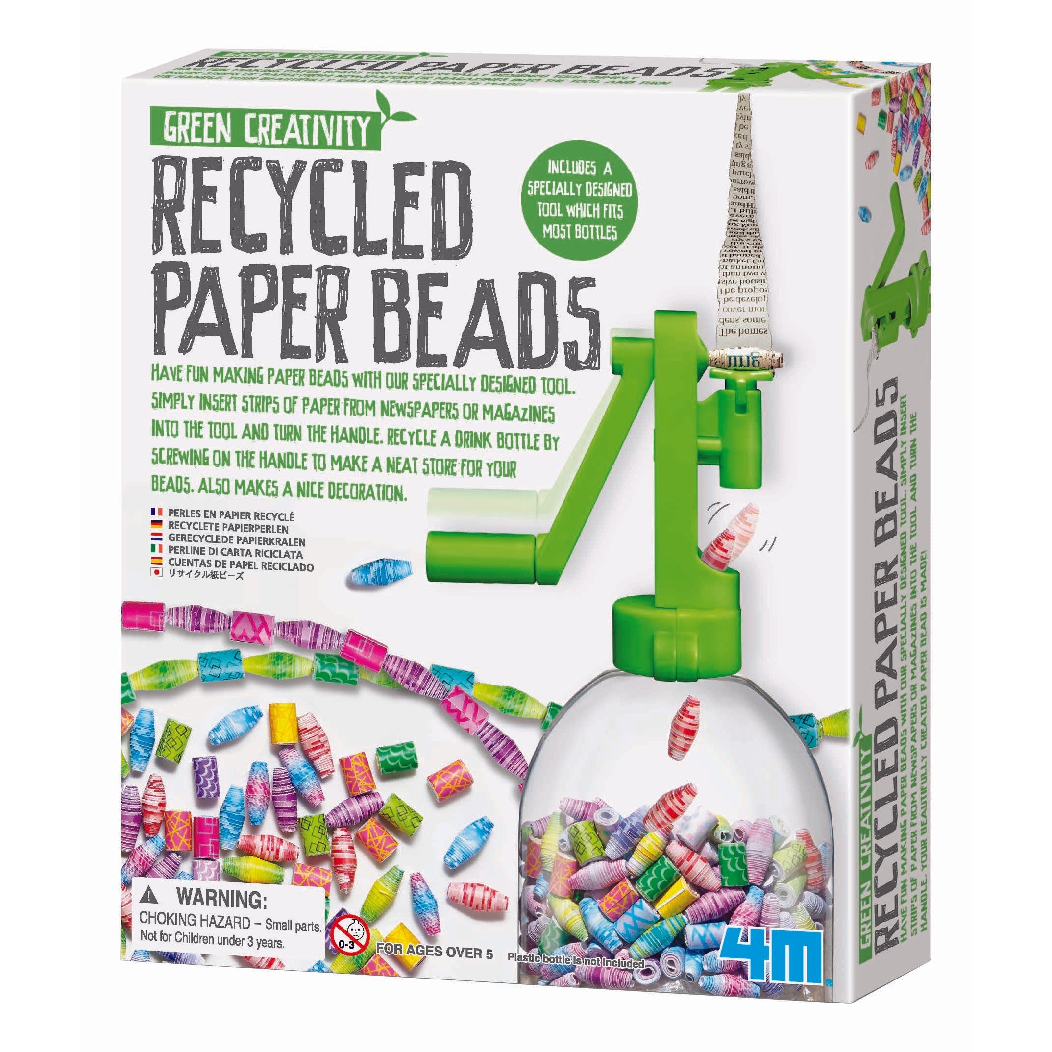 A box labeled 4M-Green Creativity Recycled Paper Beads by 4M-Green Creativity shows colorful paper beads, a green bead-making tool, instructions for making beads, bead images, and a small parts warning on the packaging.