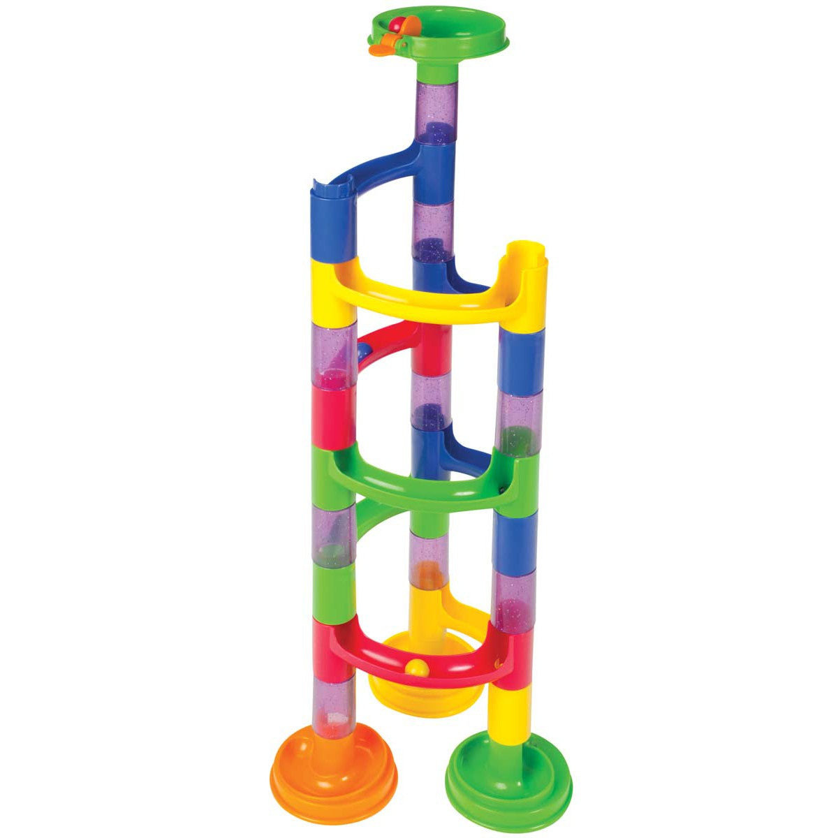 The Toysmith 37pc Marble Run by Toysmith features interlocking red, yellow, blue, and green pieces to build ramps, tubes, and curves for endless marble racing fun.