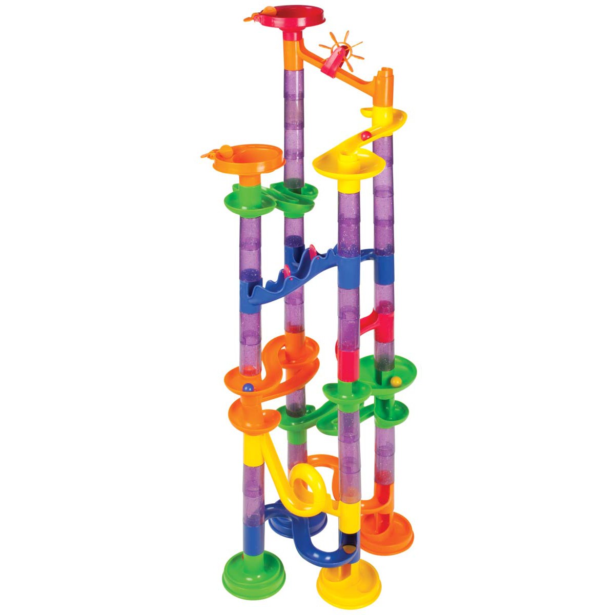 The Toysmith 80pc Marble Run is a vibrant building set with interconnected purple, green, yellow, orange, and red chutes and tubes that assemble vertically for marbles to roll down.