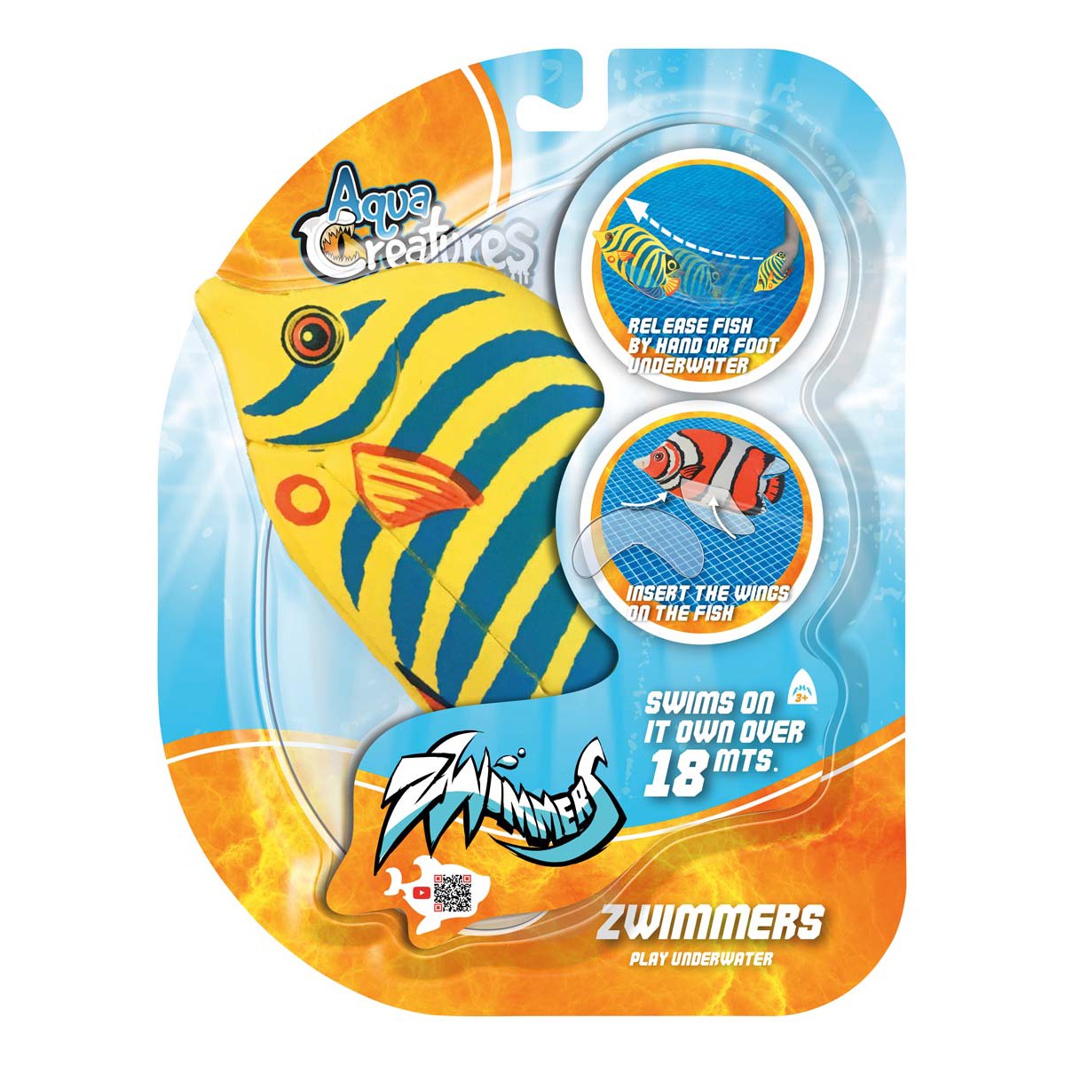 Packaging for Toysmith Tropical Zwimmers by Toysmith features a yellow and blue striped fish. Instructions explain attaching fins and underwater use. Text highlights that this fun pool toy swims over 18 meters!.