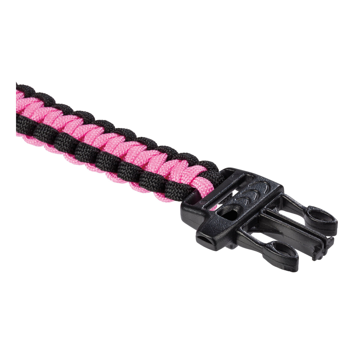 Close-up of the Outdoor Discovery Survival Bracelet by Outdoor Discovery, woven with pink and black paracord and finished with a black plastic buckle, shown on a white background.