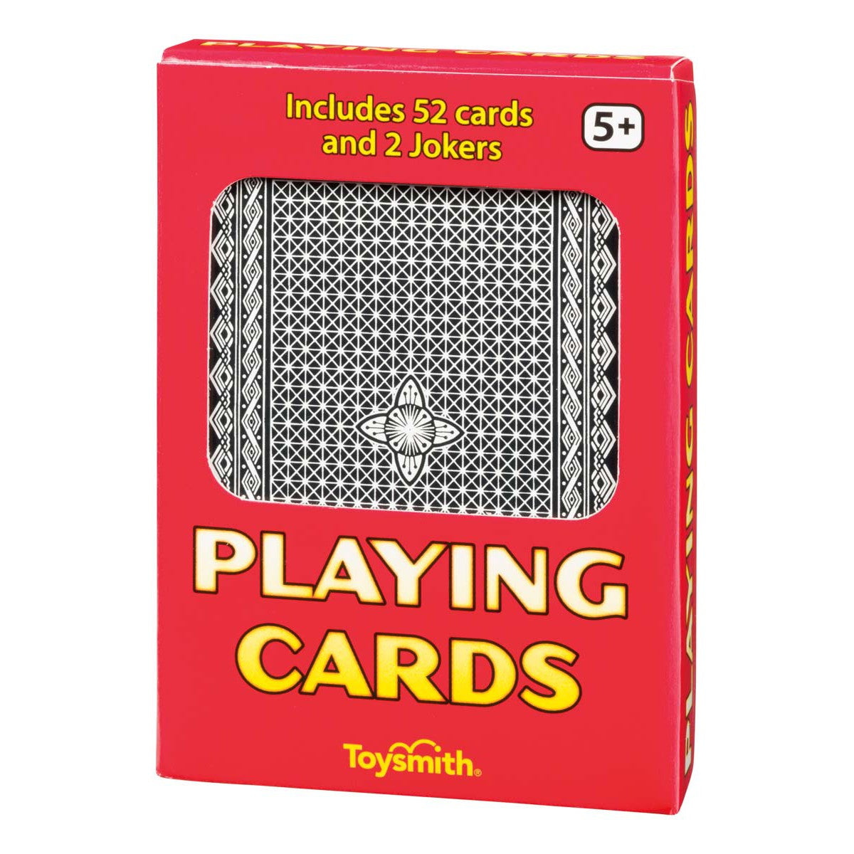 A red Toysmith Playing Cards box with a clear window reveals the patterned backs. Includes 52 cards and 2 Jokers. Ideal for ages 5+, perfect for family game nights or travel. Brand: Toysmith.