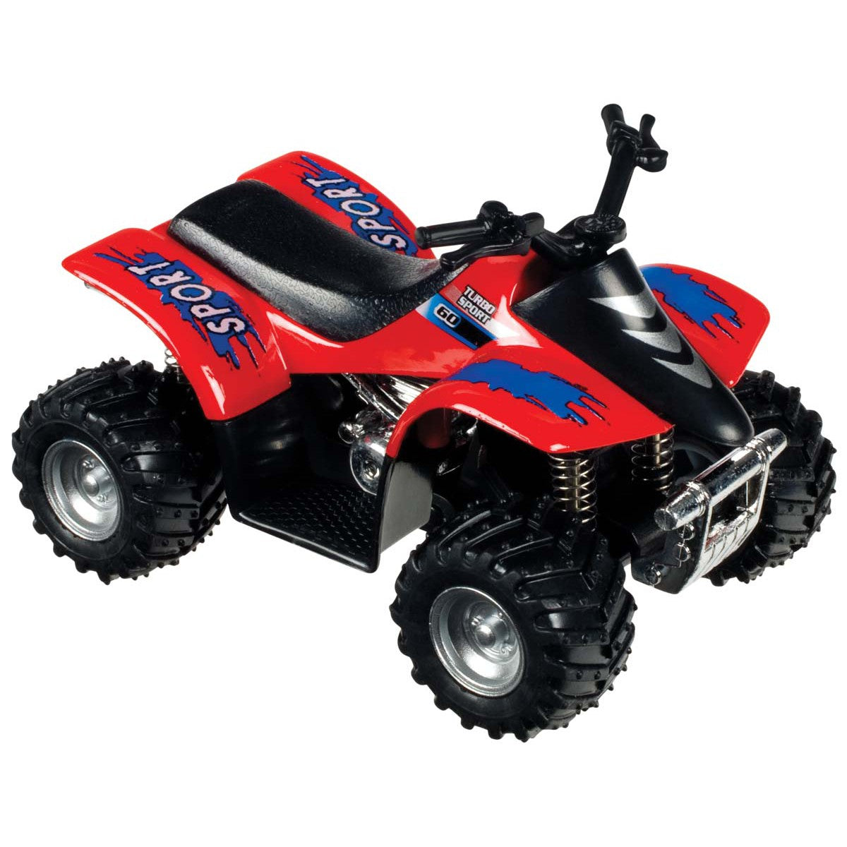 The Toysmith Rollin' Smart ATV is a red toy quad bike with large rugged black tires, "Sport" on the sides, blue and black decals, and a silver front bumper—perfect for adventurous kids who crave high-energy fun.