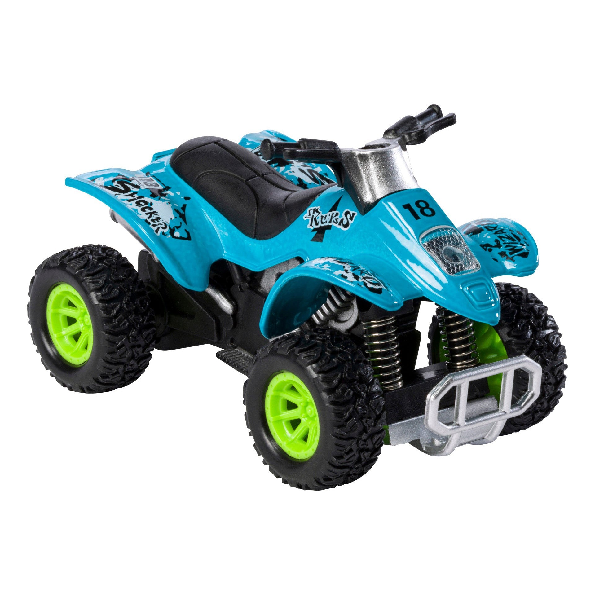 The Toysmith Rollin' Smart ATV is a blue toy with black and green wheels, a silver bumper, bold black graphics, number 18 on the front, and a black seat for high-energy play.