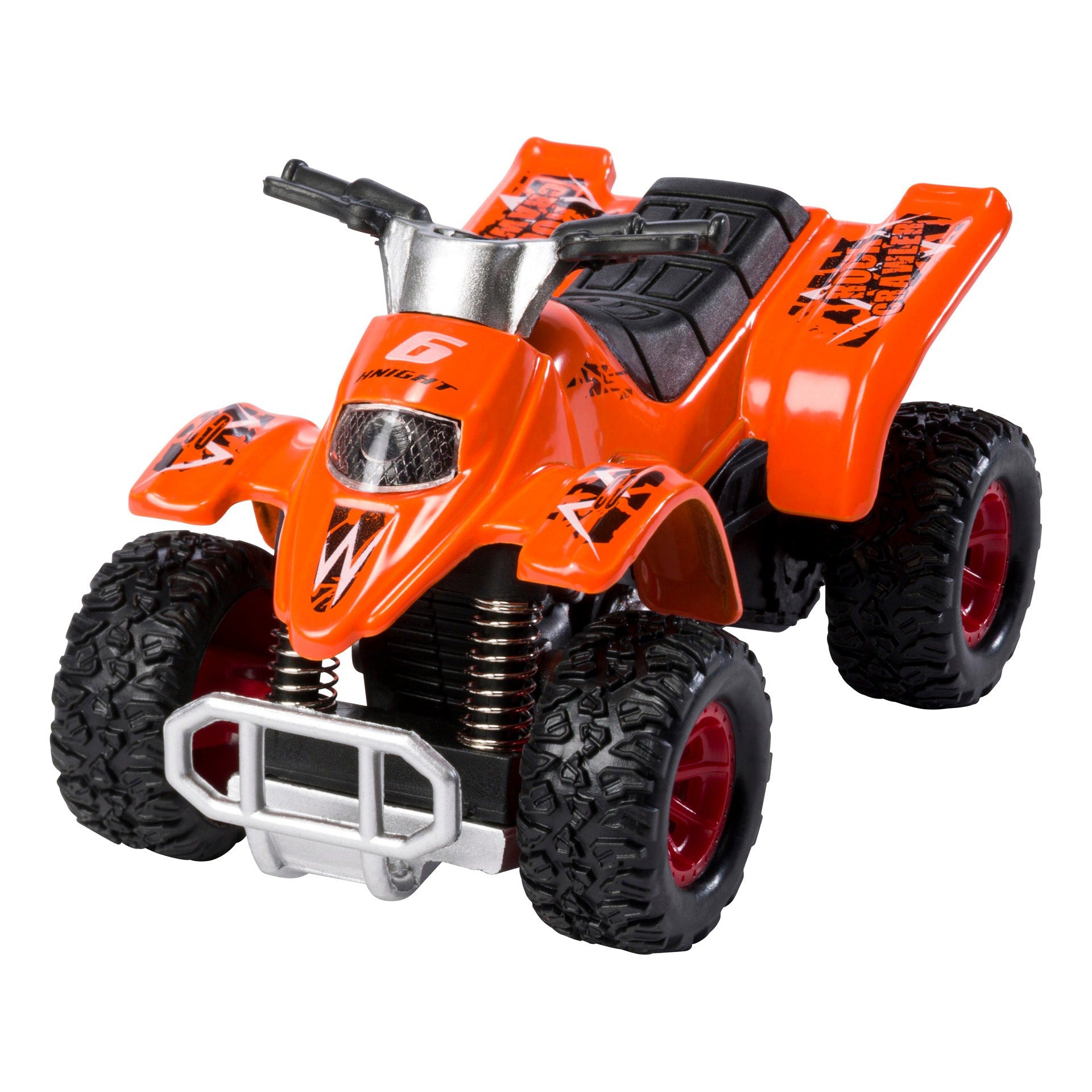 The Toysmith Rollin' Smart ATV is a rugged, high-energy toy with bold orange bodywork, black seats, large treaded black tires with red rims, and a silver front bumper—shown front-facing on a white background.