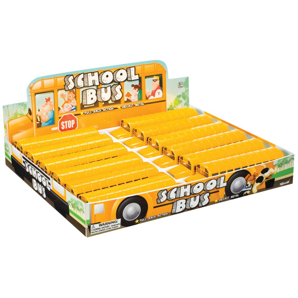 The Toysmith 7in School Bus display box features multiple yellow die-cast buses with pull-back action. The box shows school bus graphics, cartoon children at the windows, and “School Bus” text. Brand: Toysmith.
