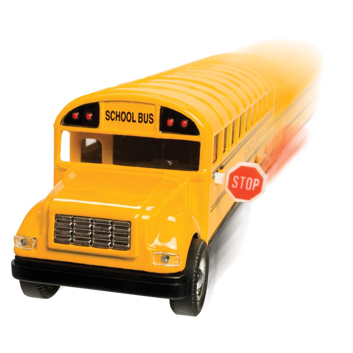 The Toysmith 7in School Bus, a yellow die-cast vehicle with an extended stop sign and "SCHOOL BUS" above the windshield, appears in motion with a blurred effect trailing behind it to emphasize speed.
