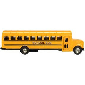 The Toysmith 7in School Bus is a yellow die-cast toy with black windows and "SCHOOL BUS" on its side, shown from the side view on a white background. This Toysmith bus also features pull-back action for extra fun.