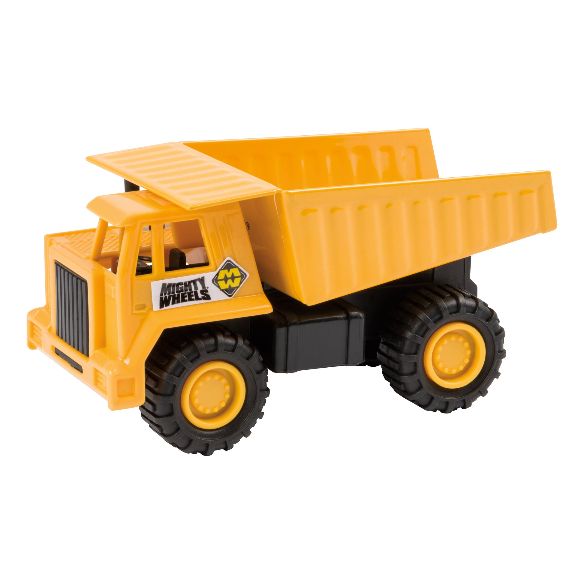 A Toysmith Mighty Wheels yellow dump truck with black wheels and side logo, by Toysmith, designed for hands-on play, is displayed on a white background.
