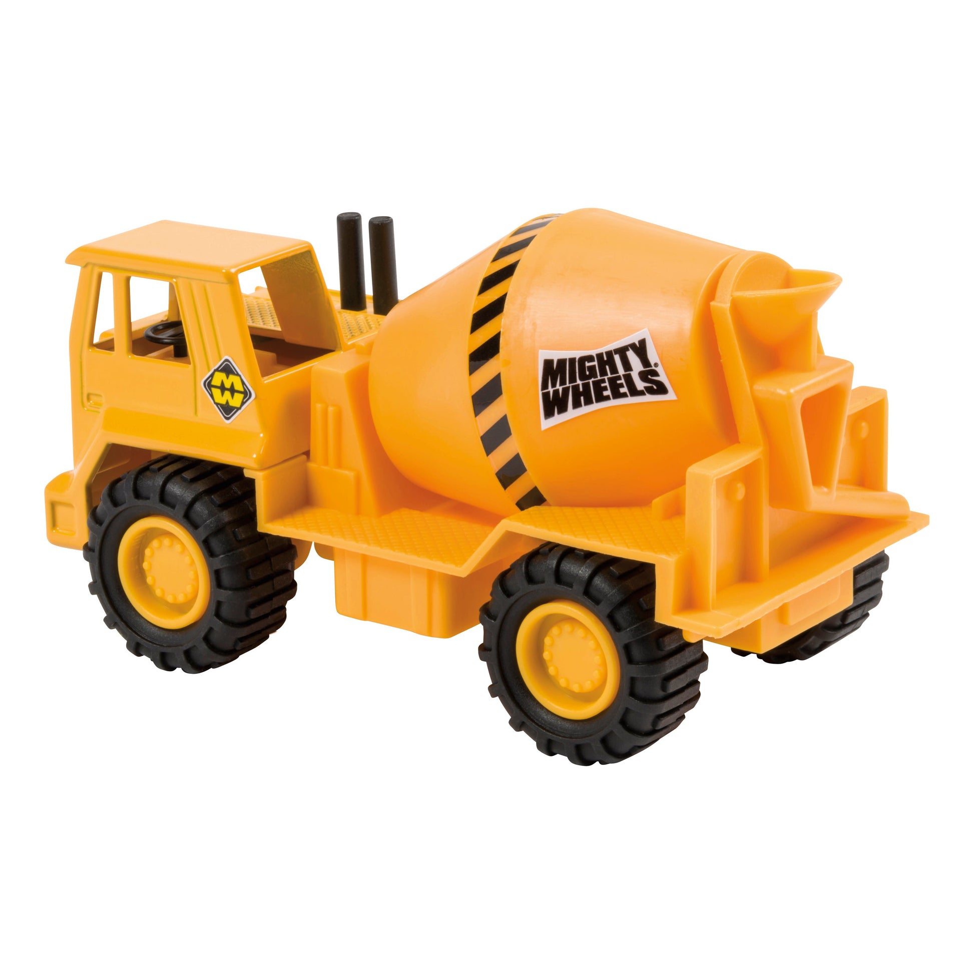 The Toysmith Mighty Wheels cement mixer truck in yellow features black stripes, large black wheels, and "Mighty Wheels" on the drum—ideal for hands-on play with durable construction from Toysmith.