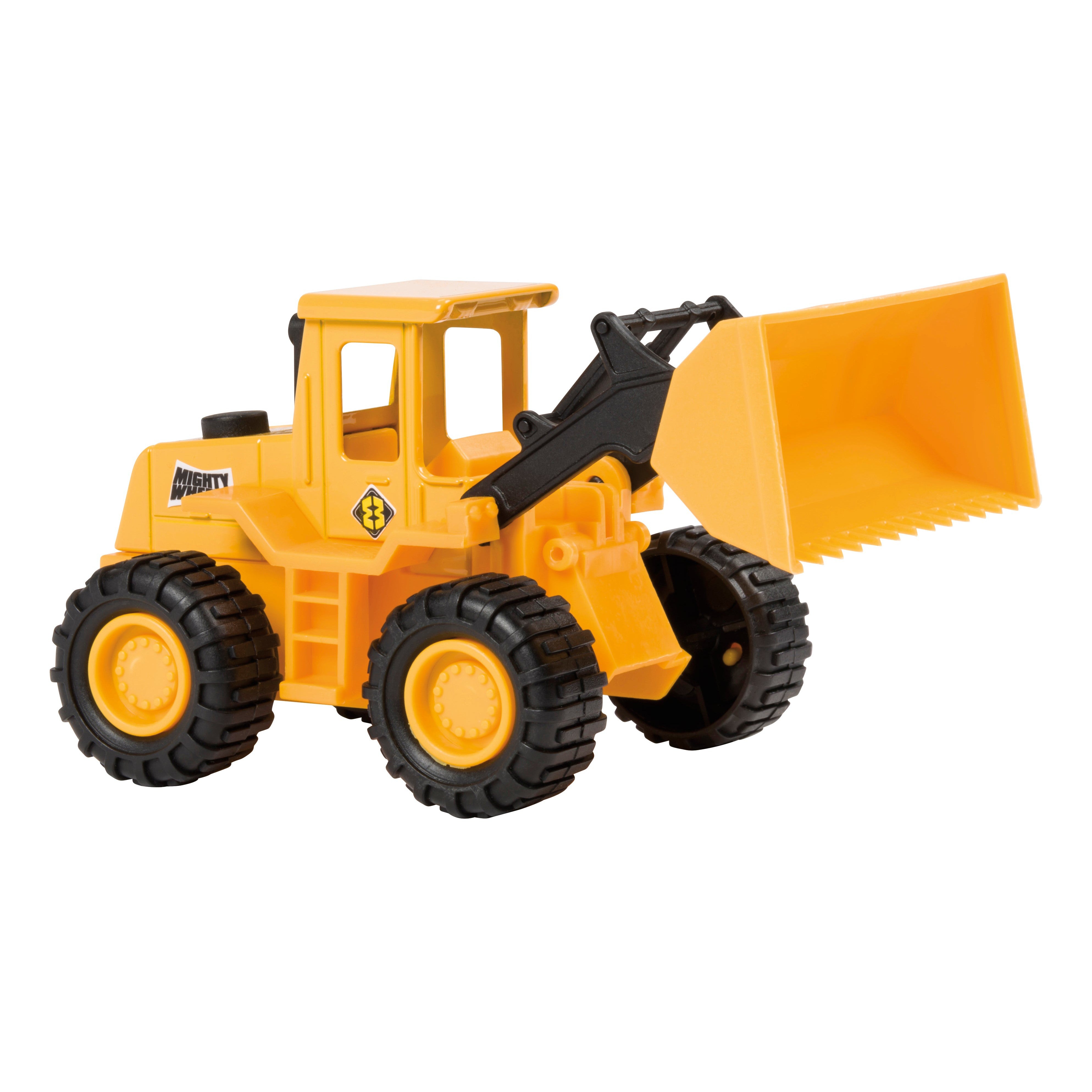 A Toysmith Mighty Wheels yellow front loader with large black tires and a lifted bucket is featured on a white background, ideal for hands-on play.