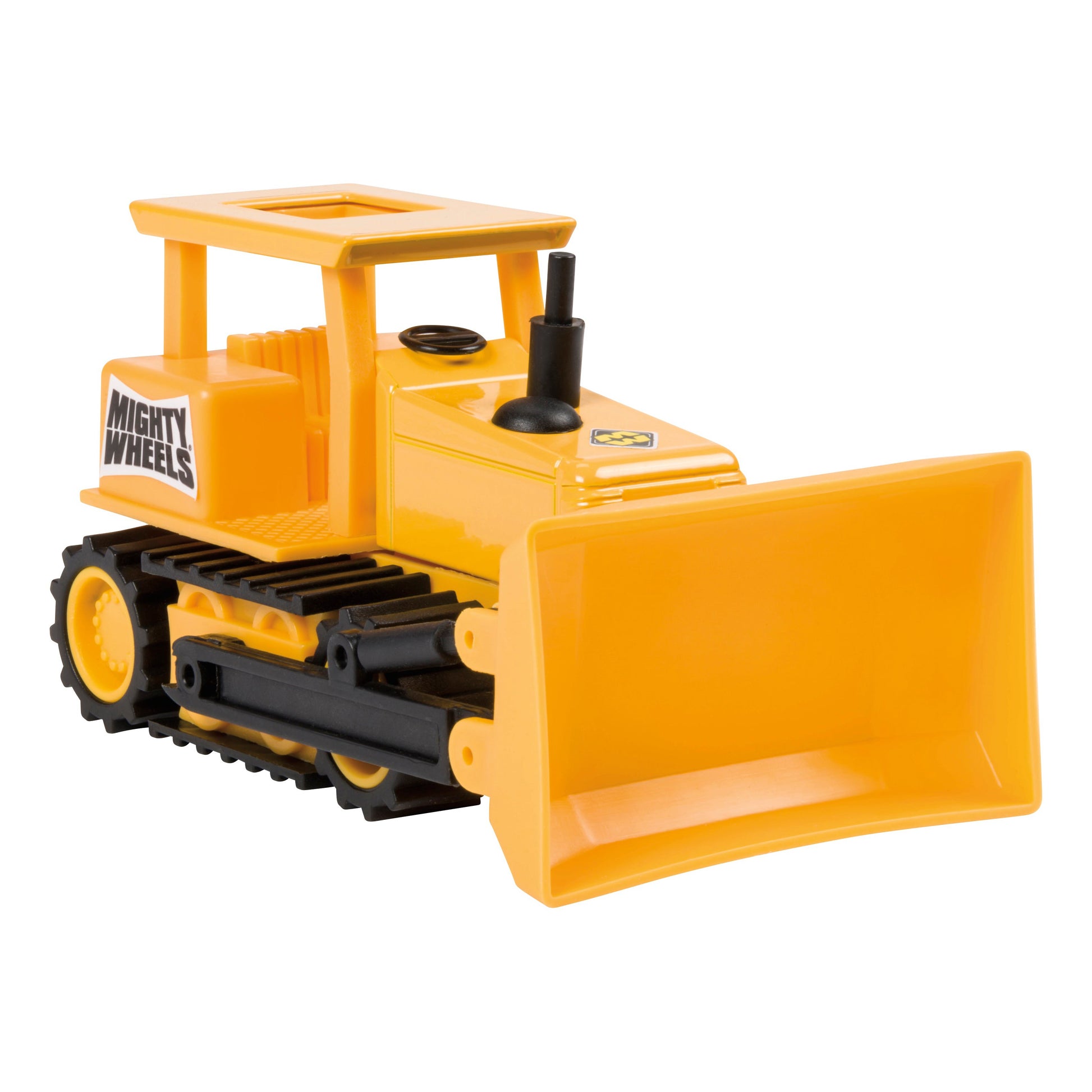 The Toysmith Mighty Wheels bulldozer features black tracks, a large front blade, and the Mighty Wheels logo on the side—perfect for hands-on play.