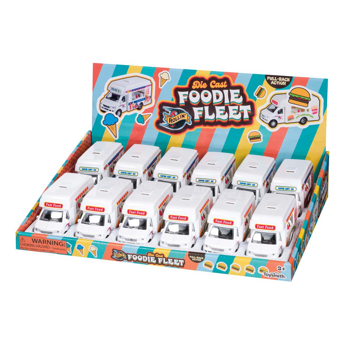 A display box of twelve Rollin’ Foodie Fleet Die-Cast small food truck toys, each with a Fast Food sign, white body, and colorful packaging by Rollin’, designed for children ages 3 and up.