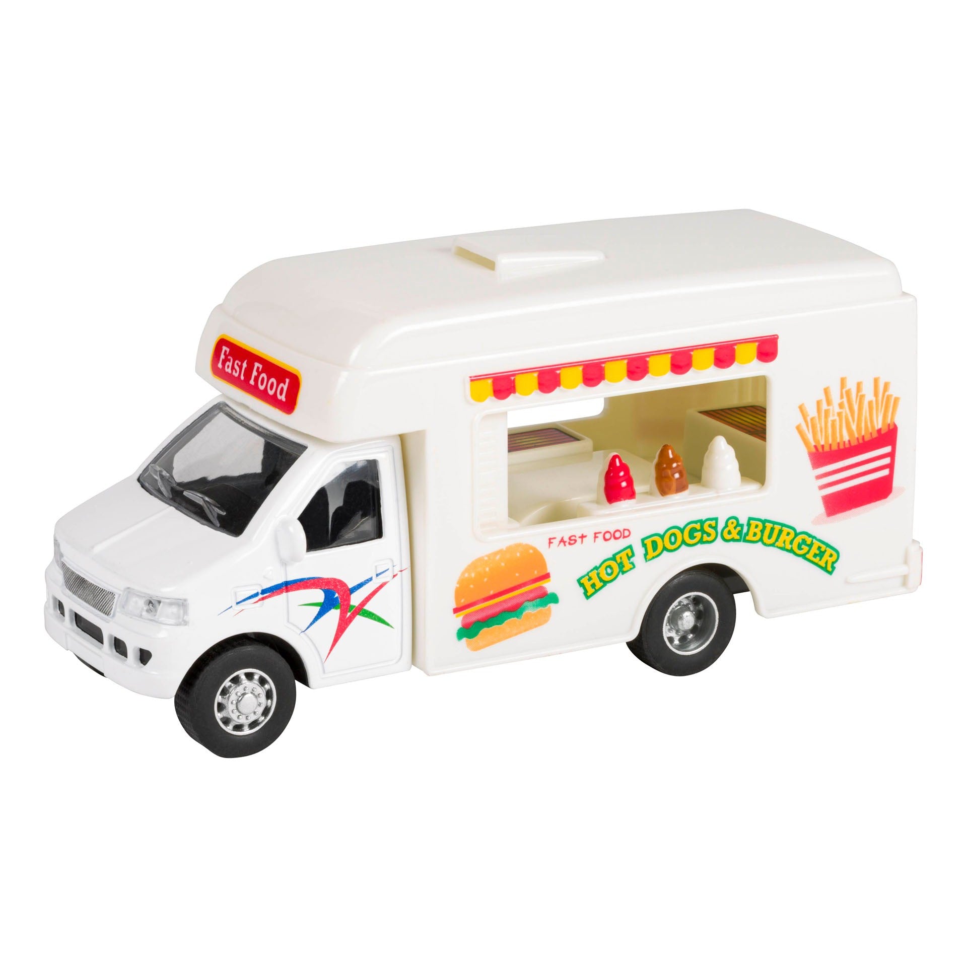 The Rollin’ Foodie Fleet Die-Cast by Rollin’ is a white food truck toy with burger, fries, and “Hot Dogs & Burger” decals, toy ketchup and mustard in the side window, a red Fast Food sign above the windshield, and friction-powered action.