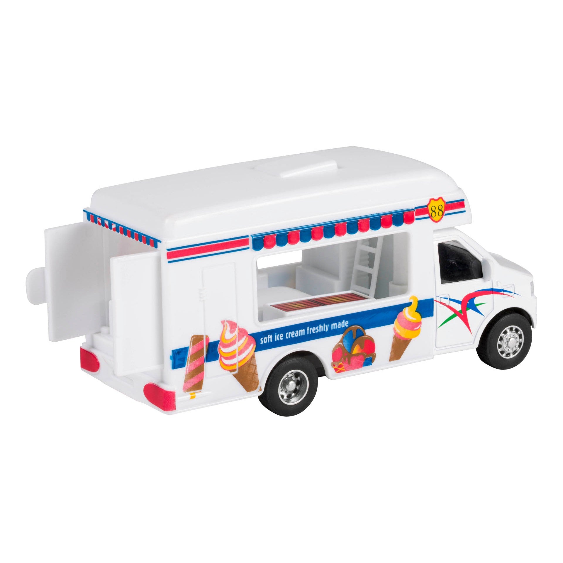 The Rollin' Foodie Fleet Die-Cast by Rollin' is a white friction-powered ice cream truck toy with colorful graphics, an open serving window, back door, and red, blue, and pink stripes with ice cream treats for a fun look.