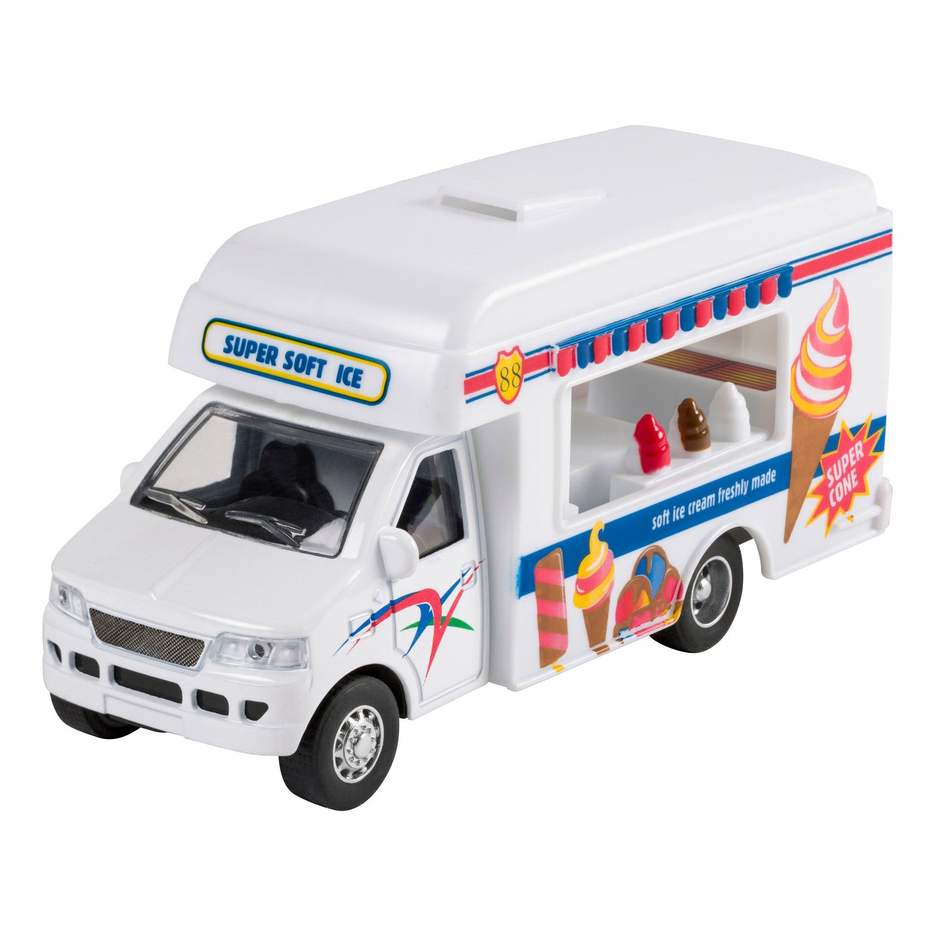 The Rollin' Foodie Fleet Die-Cast by Rollin' is a white toy truck with colorful decals, a “Super Soft Ice” sign, and plastic soft-serve cones shown in the side serving window.