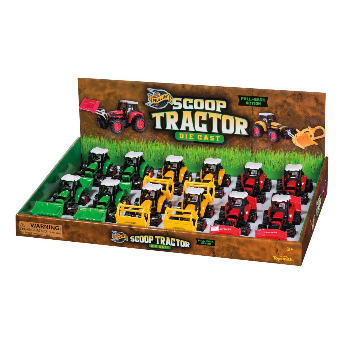A Rollin' display box contains multiple Rollin' Scoop Tractor pull-back toys in red, yellow, green, and black. These die-cast metal tractors feature front scoops and are arranged in rows. Packaging displays "Scoop Tractor" with tractor images.
