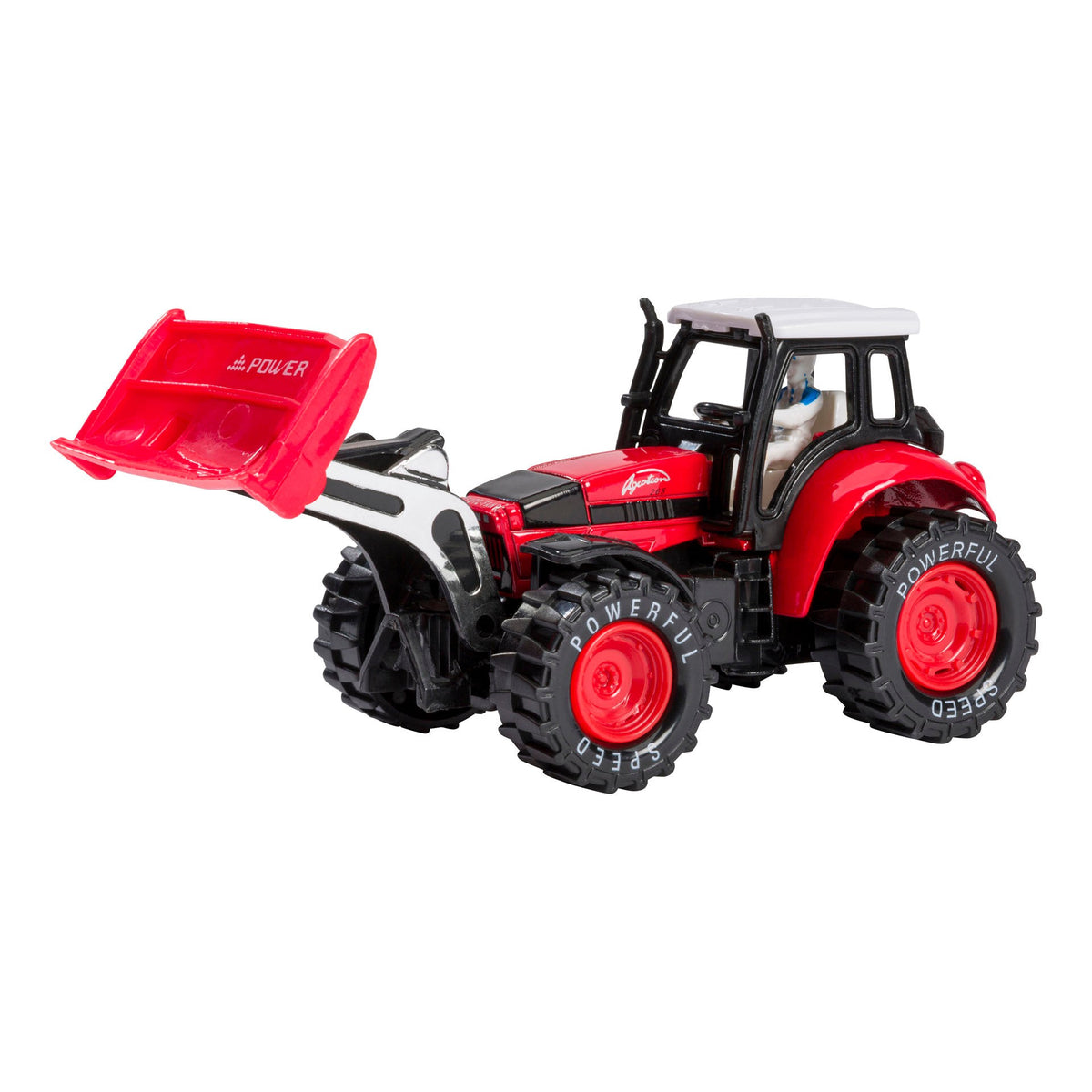 A red Rollin' Scoop Tractor pull-back toy by Rollin' features large black tires labeled "POWERFUL," a front loader attachment, white roof, raised loader, and includes a small white driver figure in the seat.