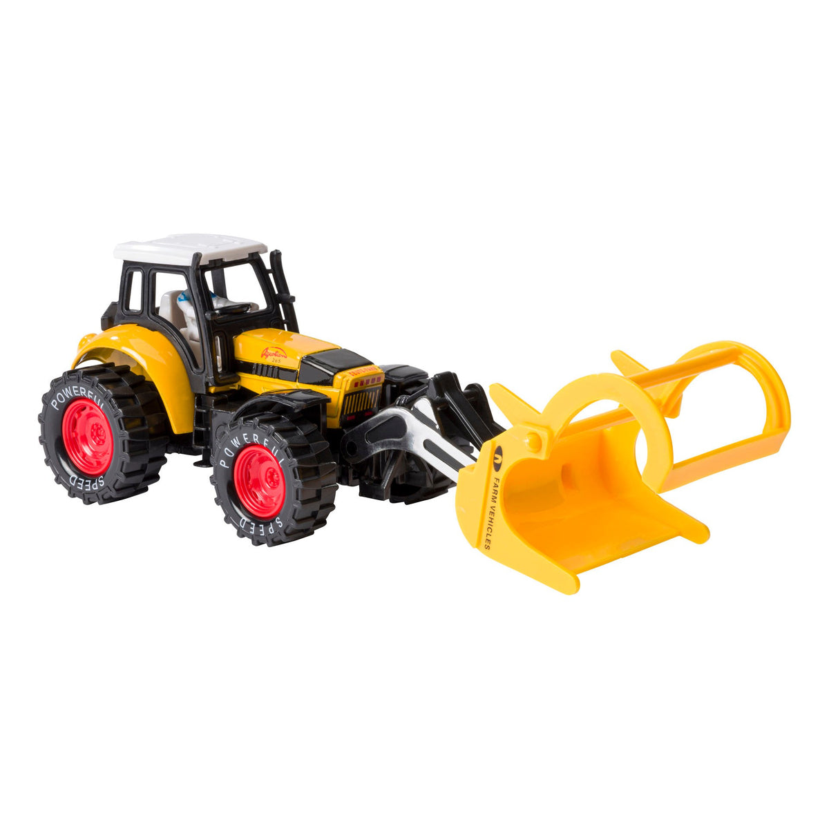 The Rollin' Scoop Tractor by Rollin' is a yellow and black pull-back toy featuring red wheels and a large yellow front loader, displayed on a white background.