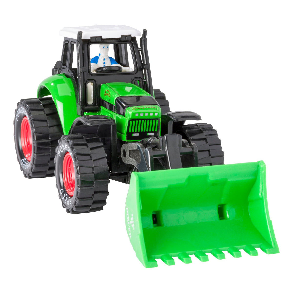 The Rollin' Scoop Tractor by Rollin' is a green pull-back toy with a front loader (raised and forward), black wheels with red rims, and a white roof. A small white figure sits in the driver’s seat.