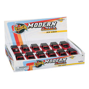 A display box labeled Rollin' 2021 Ford Bronco by Rollin' holds twelve small red and black toy cars. The box features colorful stripes and a choking hazard warning label.