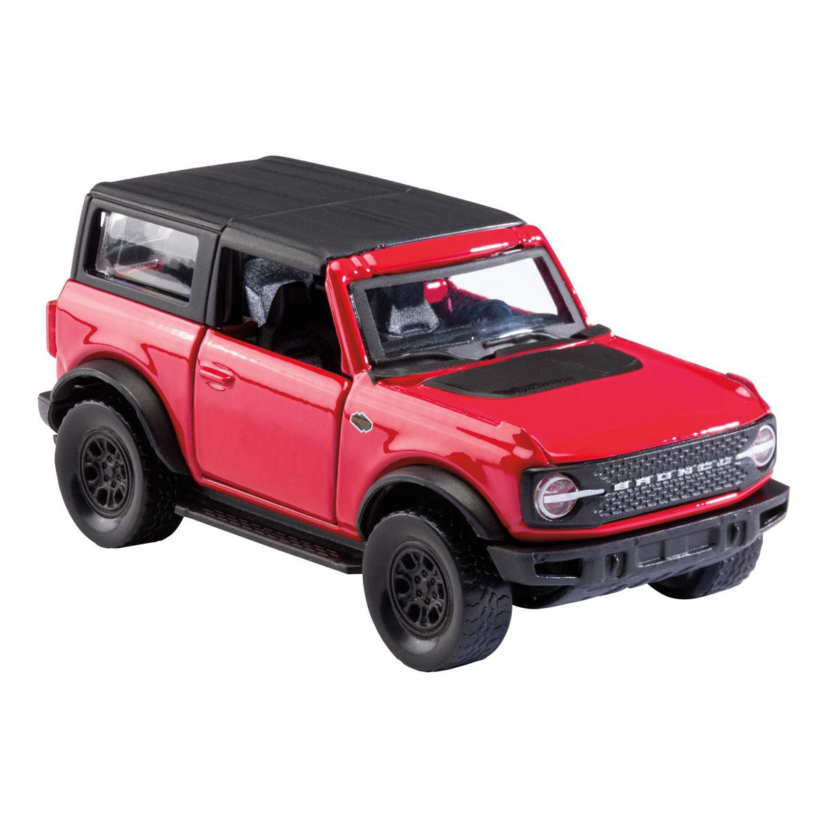 The Rollin' 2021 Ford Bronco is a red toy SUV with a black roof and wheels, detailed headlights, side mirrors, and a rugged design. This realistic model by Rollin' is shown angled to display its front and side.