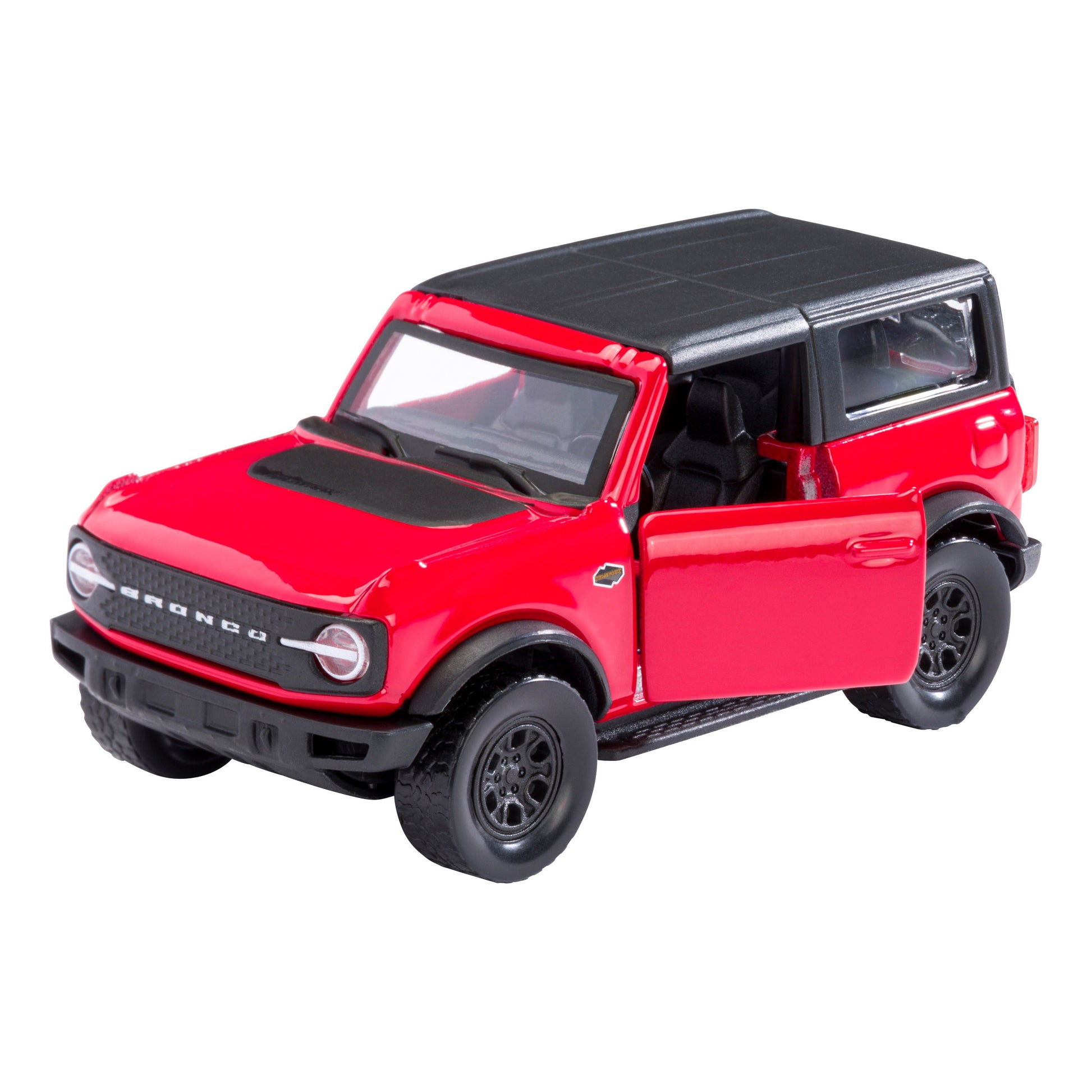 The Rollin' 2021 Ford Bronco features a red body, black roof, detailed front and side elements, black wheels, and an open driver’s side door. This toy SUV from Rollin’ is shown on a white background.