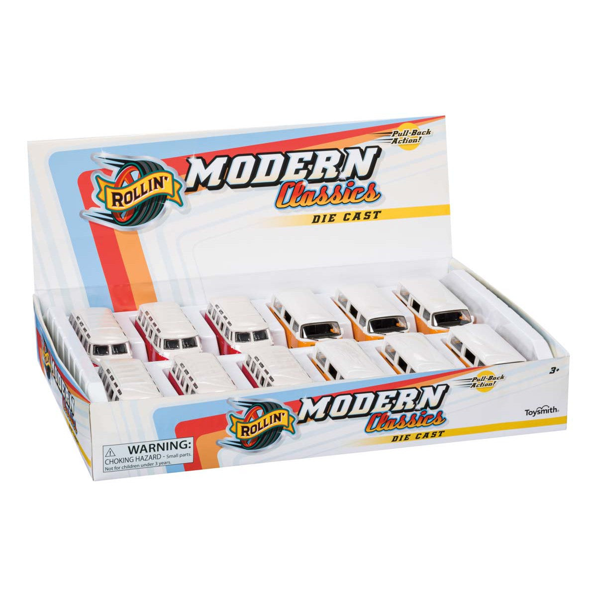 A Rollin' Volkswagen Van display box holds multiple small white die-cast vans with orange and yellow stripes, arranged in two rows. These pull-back vehicles by Rollin' are great for collectors.