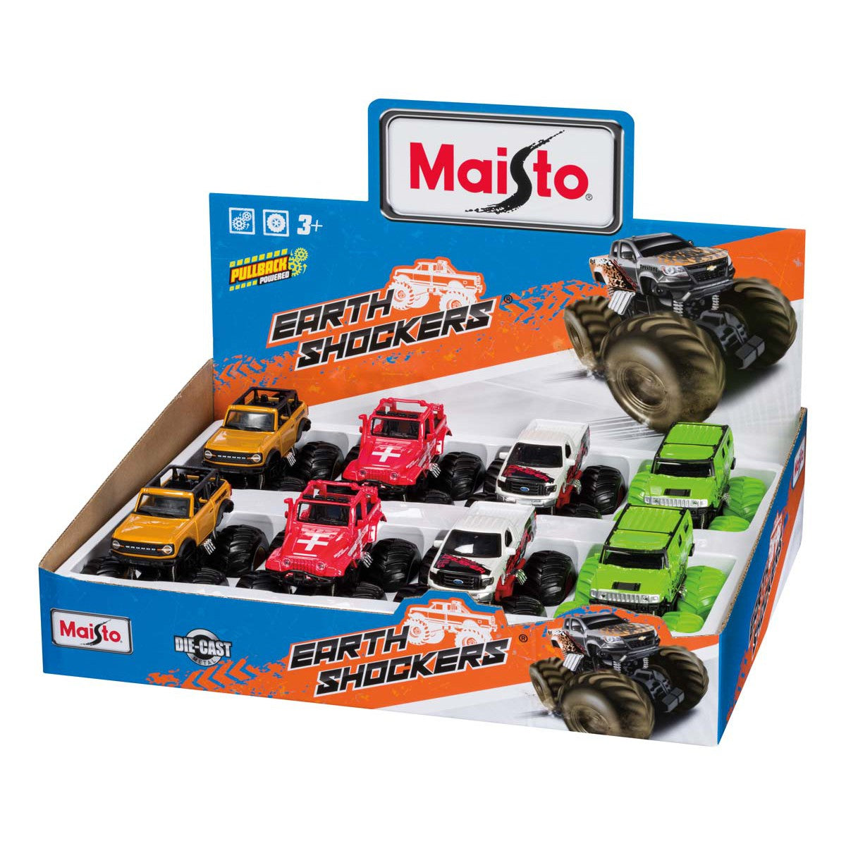 A display box of Maisto Rollin' Earth Shockers monster trucks, featuring die-cast pullback vehicles in bold red, green, yellow, black, and white colors, neatly arranged in two rows.