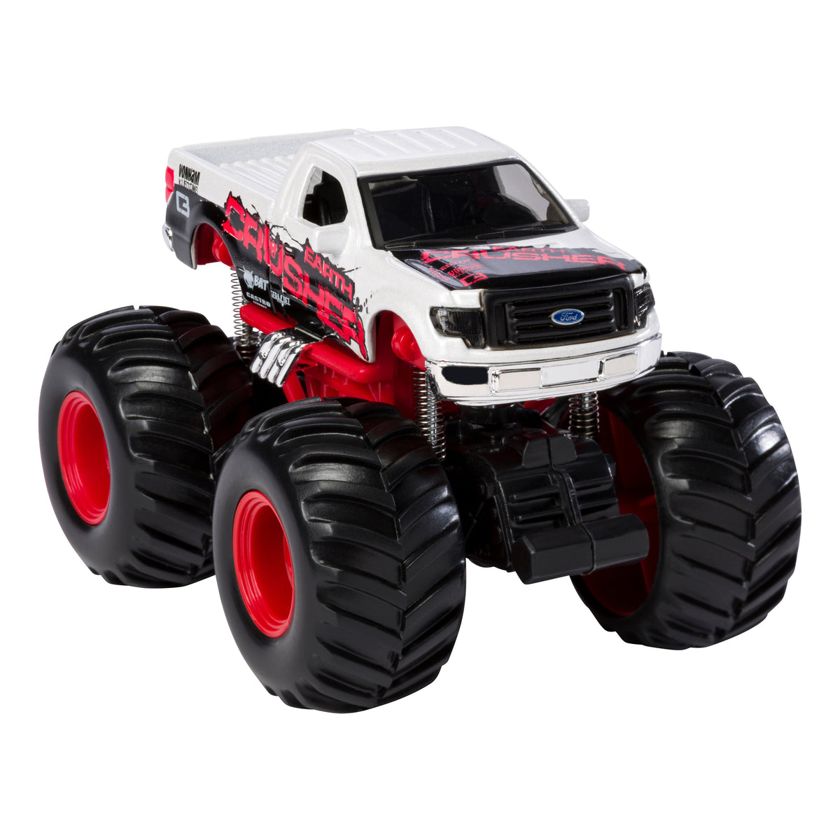 The Maisto Rollin' Earth Shockers is a die-cast toy monster truck featuring a white cab, black and red details, large black tires with red rims, and a Ford logo on the front.
