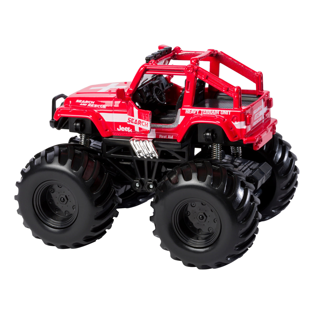 The Maisto Rollin' Earth Shockers is a red die-cast monster truck with large black tires, an open frame, and detailed rescue-themed decals—perfect for fans who love rugged, realistic monster truck toys.
