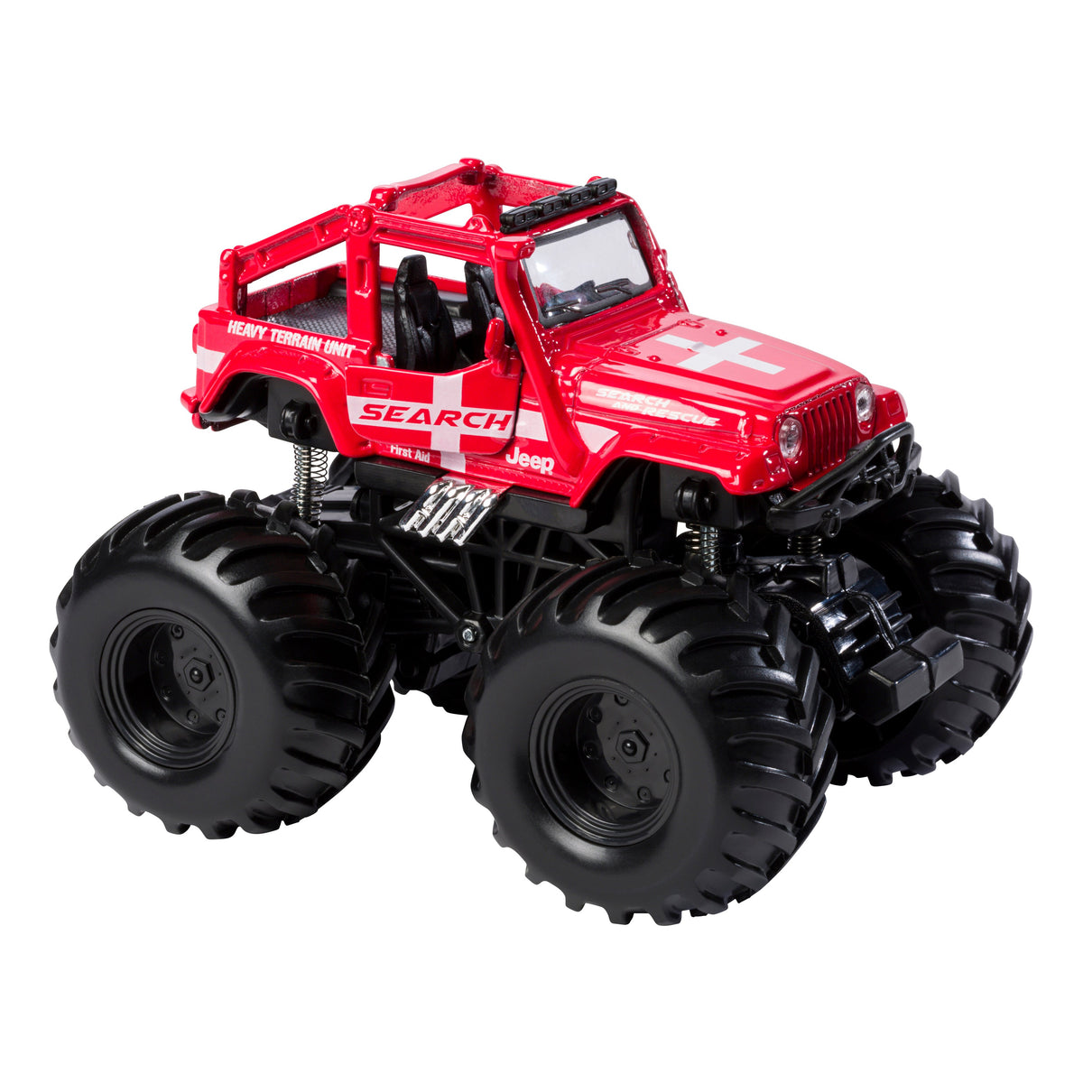 The Maisto Rollin' Earth Shockers is a red die-cast Jeep-style monster truck toy with oversized black tires, a pull-back feature, and "SEARCH and RESCUE TEAM UNIT" printed on the sides.