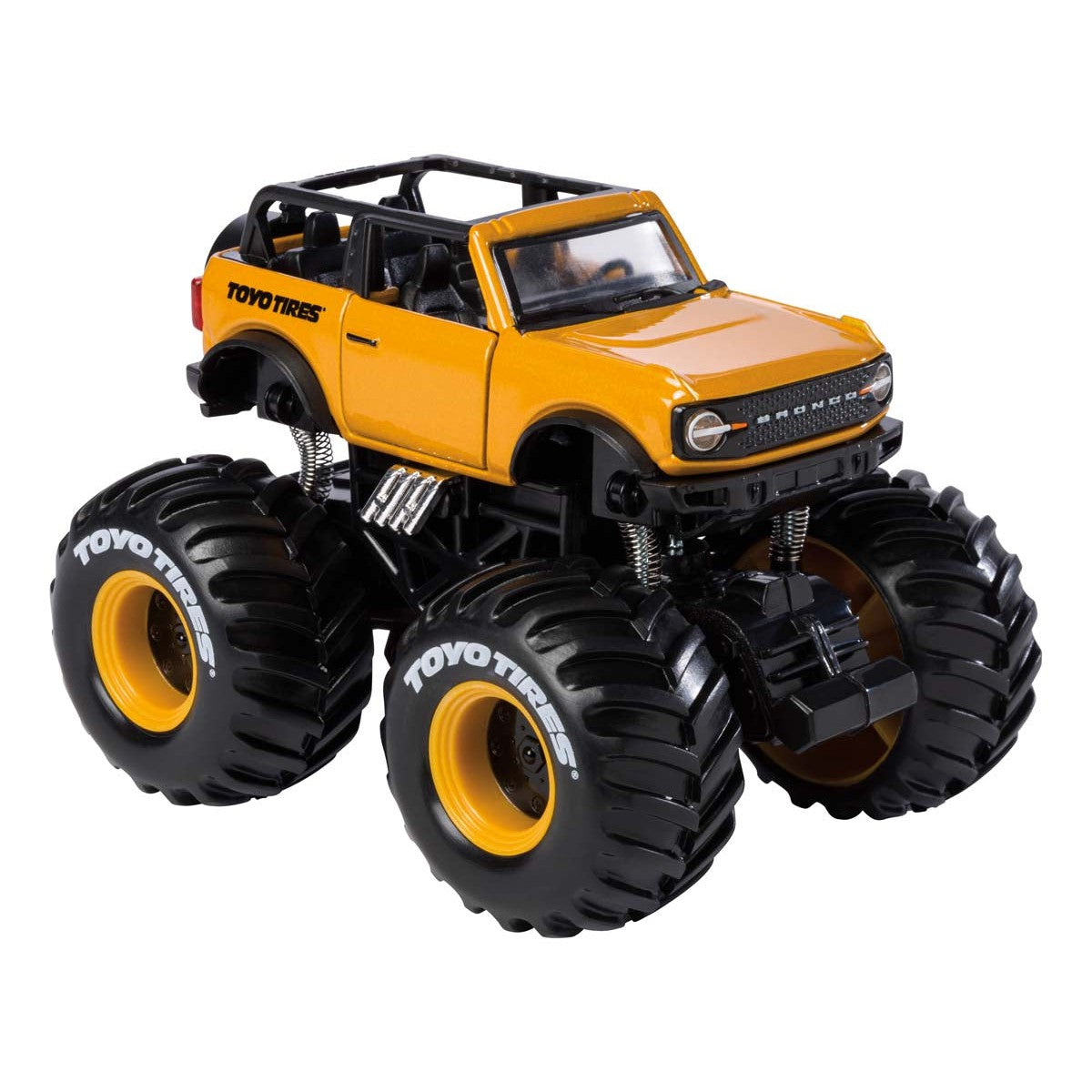 The Maisto Rollin' Earth Shockers is a yellow die-cast monster truck toy with big black Toyo Tires, open roof, raised suspension, and pull-back action—great for off-road fun.