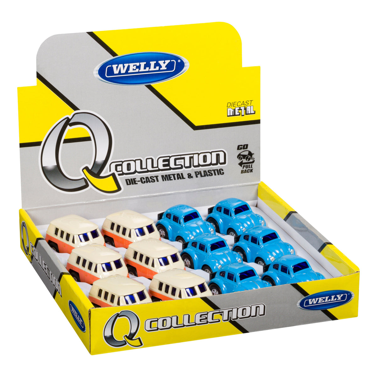 A display box labeled Rollin' Mini Vw Assortment by Rollin' holds collectible die-cast Volkswagen toy vans and cars in blue/white and orange/white, arranged in three rows, with "die-cast metal & plastic" text on the box.