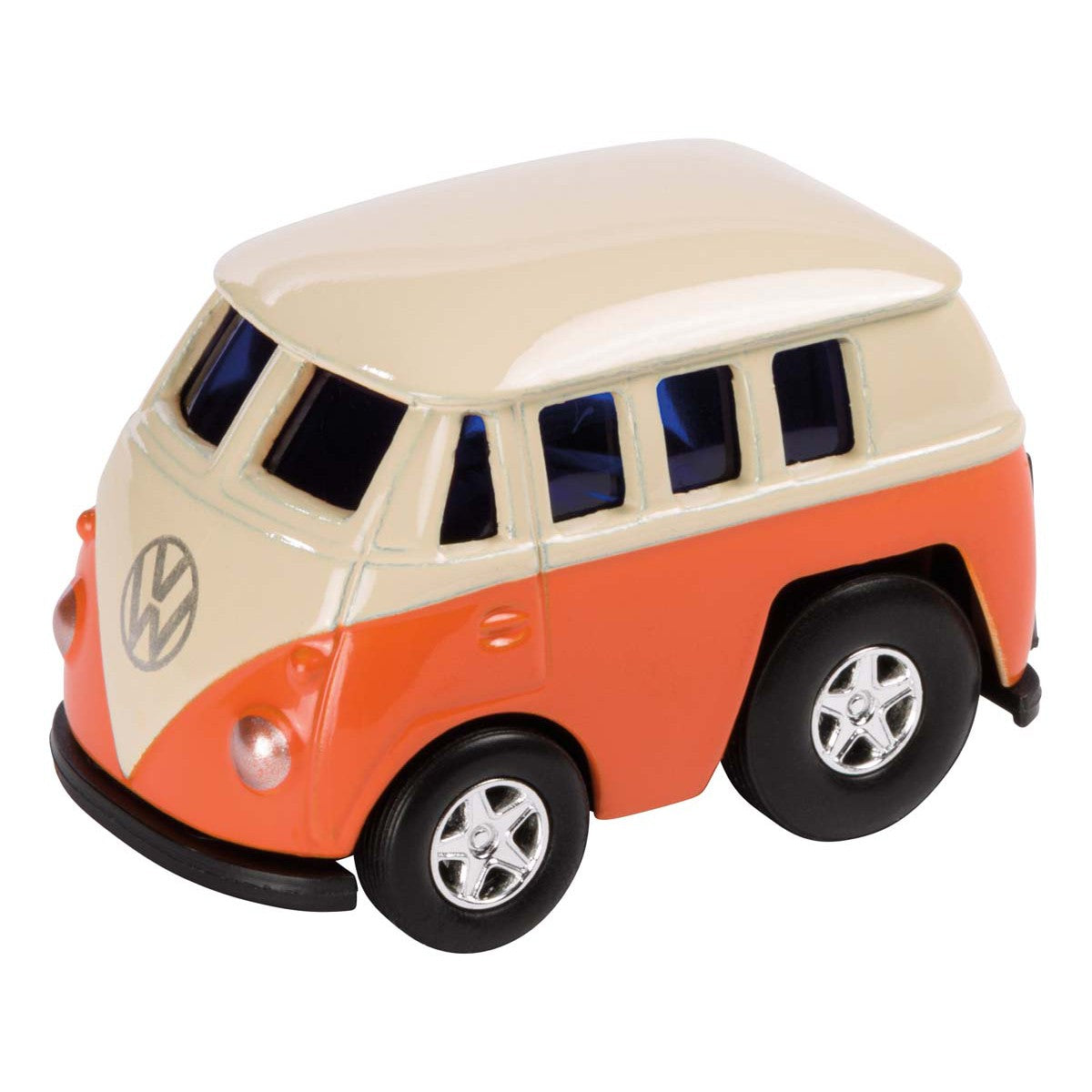 The Rollin' Mini VW Assortment by Rollin' is a collectible replica van toy with a cream roof and upper body, orange lower body, black windows, and shiny silver wheels.