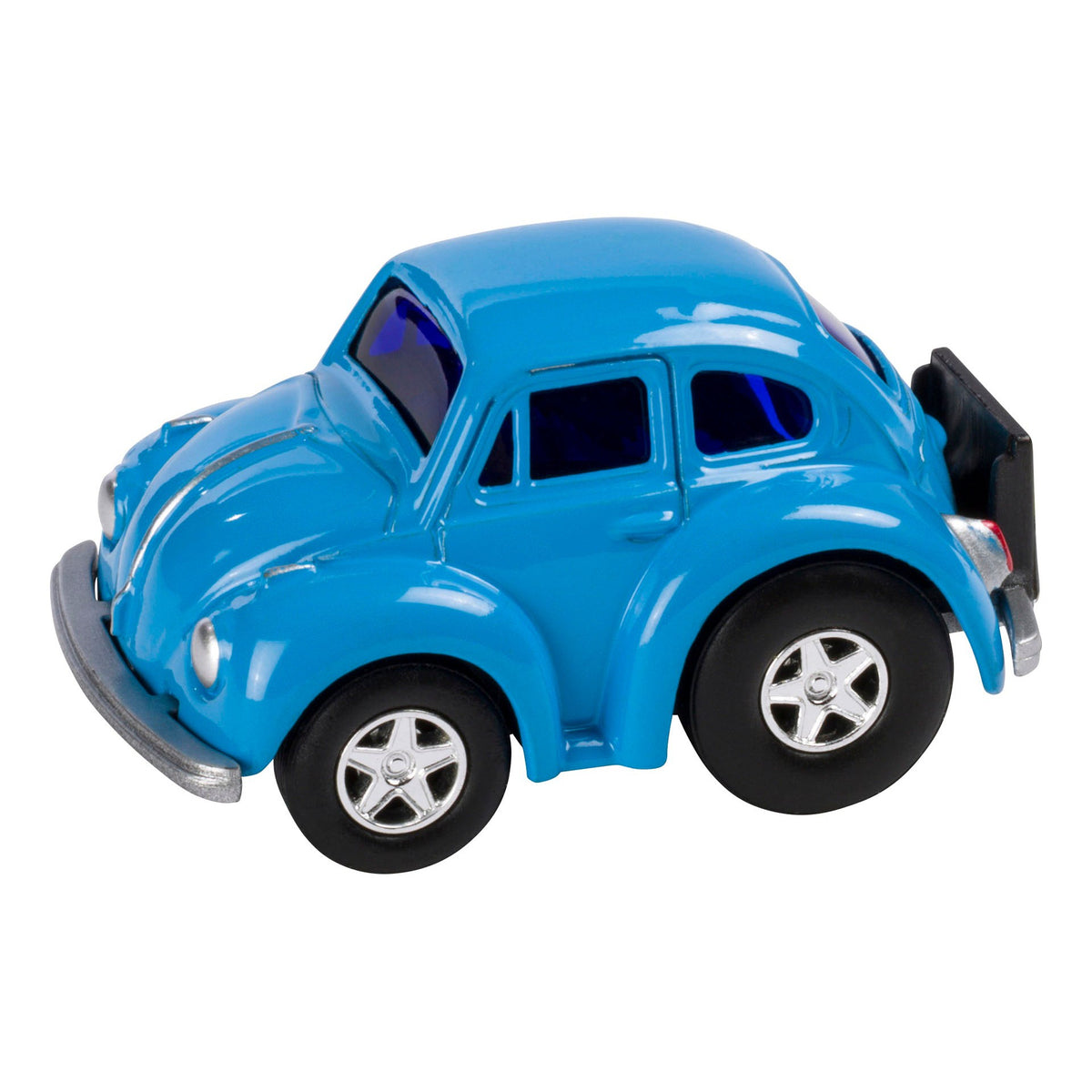 A blue Rollin' Mini VW toy car by Rollin', featuring rounded edges, silver hubcaps, and tinted windows like a classic Beetle collectible, is displayed on a white background.