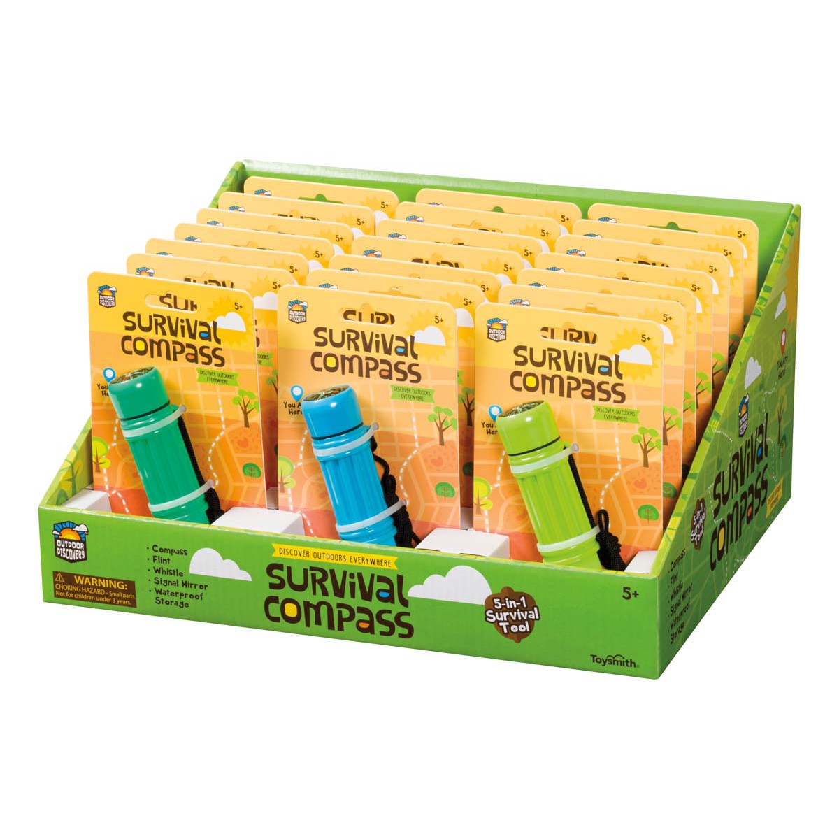 A display box of Outdoor Discovery brand Outdoor Discovery Survival Compass tools for kids, in green and blue, each in yellow "Survival Compass" packaging with product details visible on every pack.