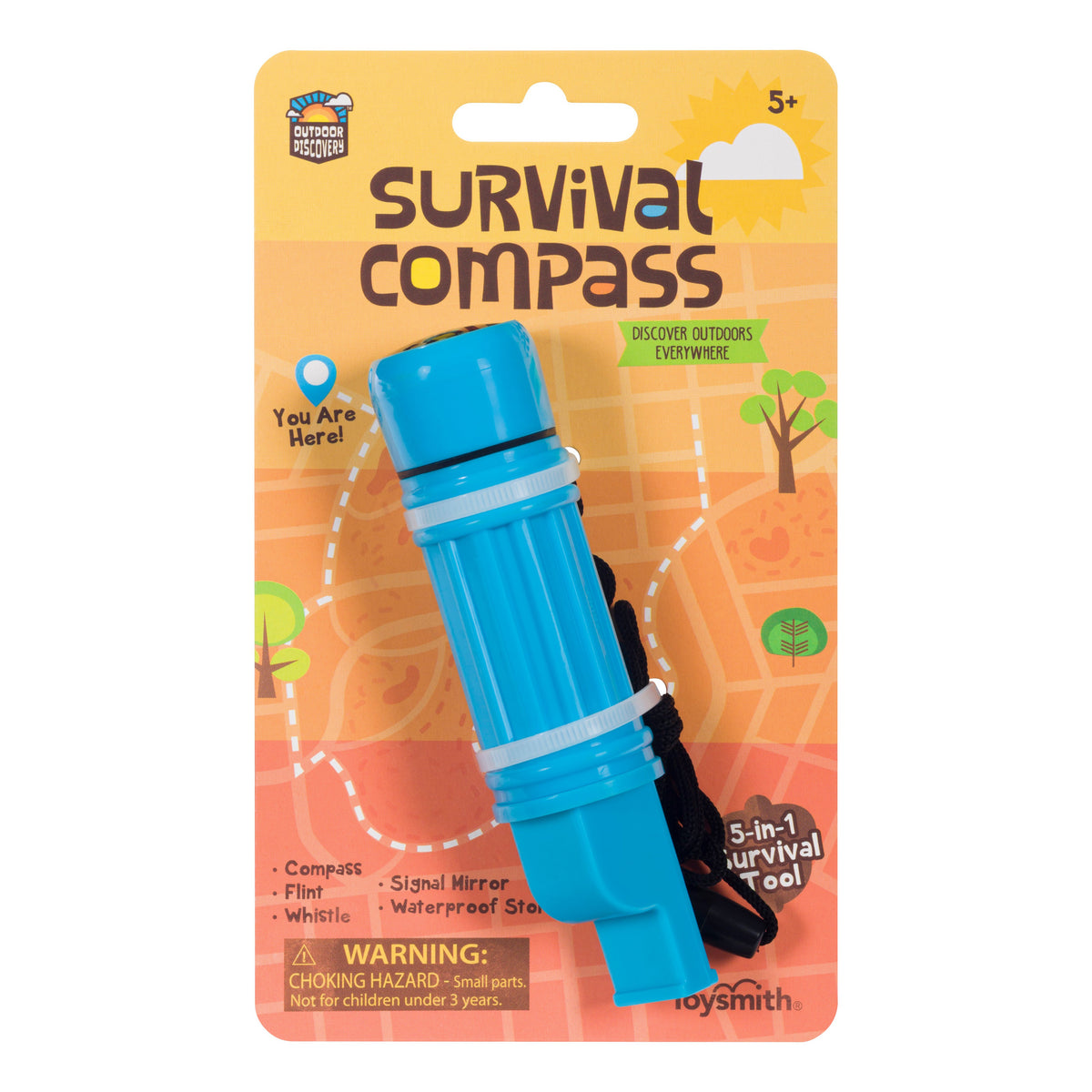 The Outdoor Discovery Survival Compass is a blue, kid-sized 5-in-1 survival tool by Outdoor Discovery, for ages 5+. Features like flint and signal mirror are shown on yellow-orange packaging. Choking hazard warning included.