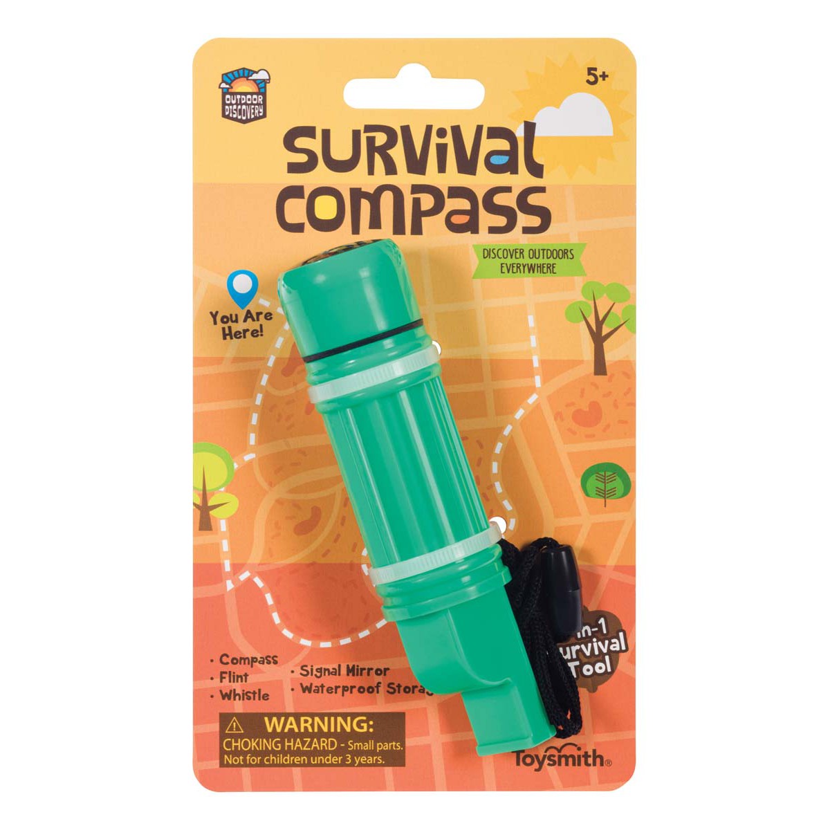 The Outdoor Discovery Survival Compass for kids comes carded and features a compass, flint, signal mirror, and whistle. Packaging warns of choking hazard; for ages 5+. Brand: Outdoor Discovery.