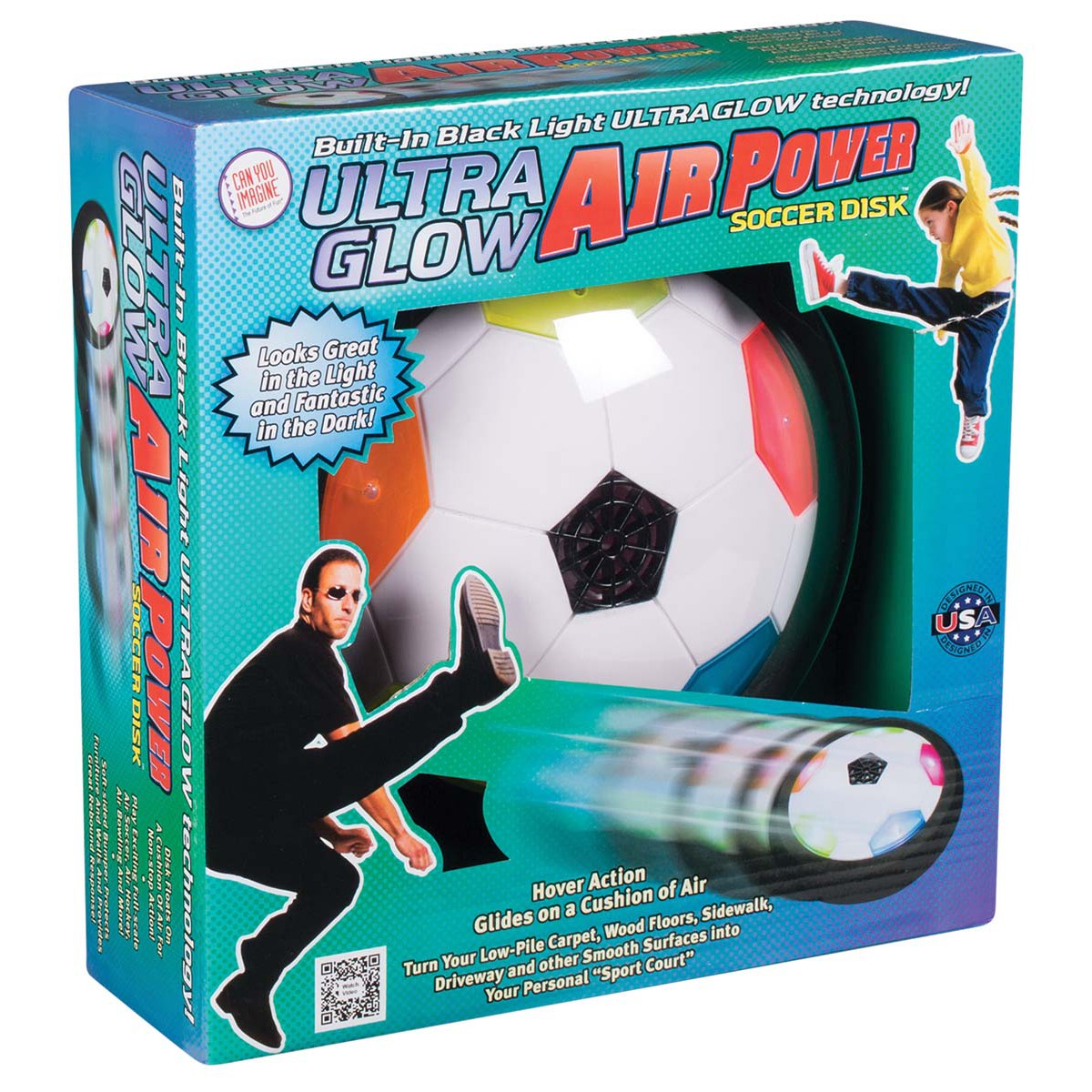 The We're Always Thinking Ultra Glow Air Power Soccer Disk, in branded packaging with images of the glowing, air-powered hover ball and a child kicking it, is highlighted as an indoor soccer toy.
